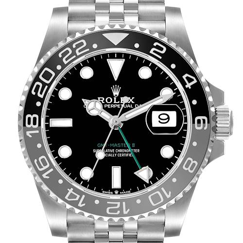 The image shows a front view of the Rolex GMT-Master 126710GRNR Men's Stainless Steel Black Dial II, highlighting the bezel, dial, hands, and date window.
