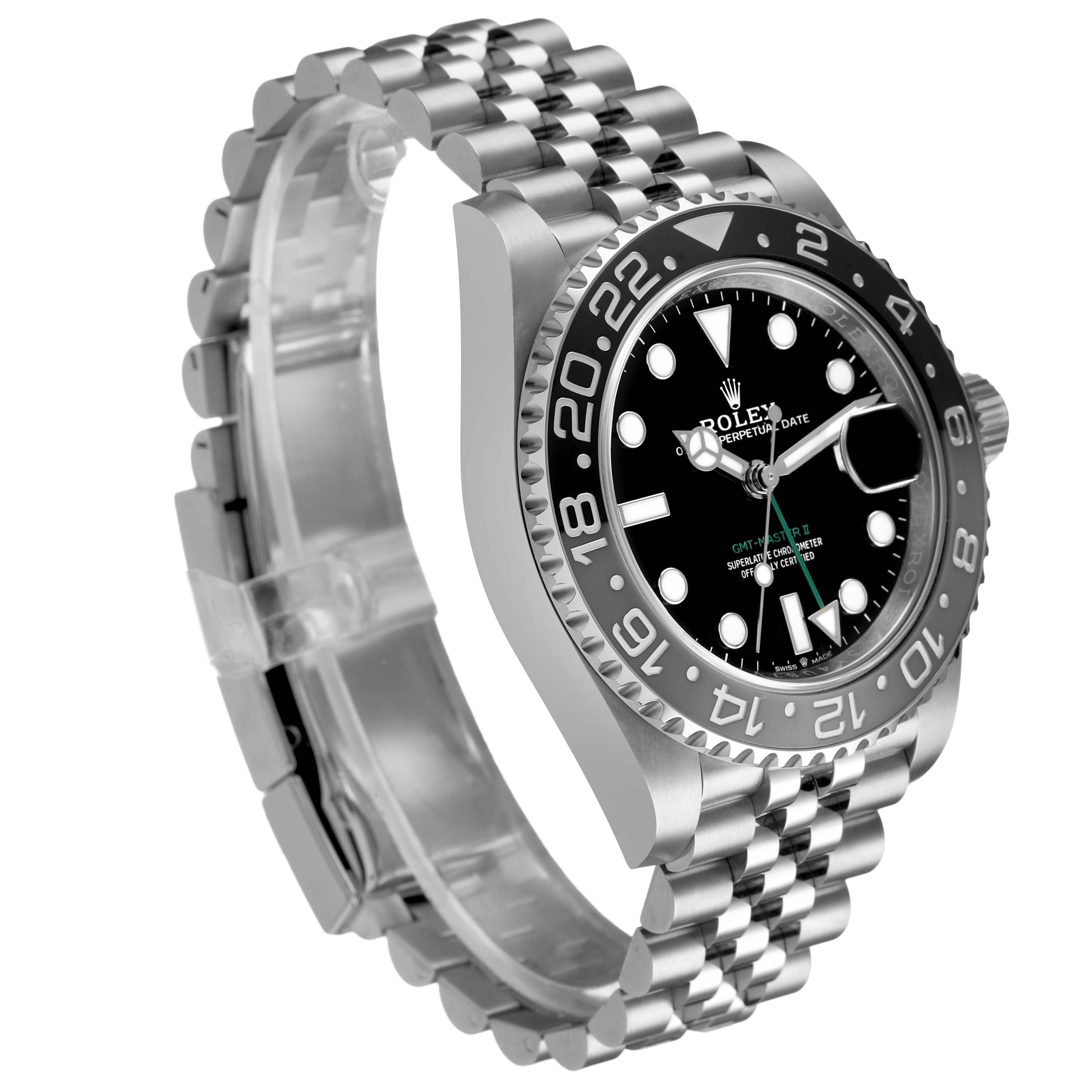 The Rolex GMT-Master 126710GRNR Men's Stainless Steel Black Dial watch is shown at a three-quarter angle, highlighting the bezel, dial, and bracelet.