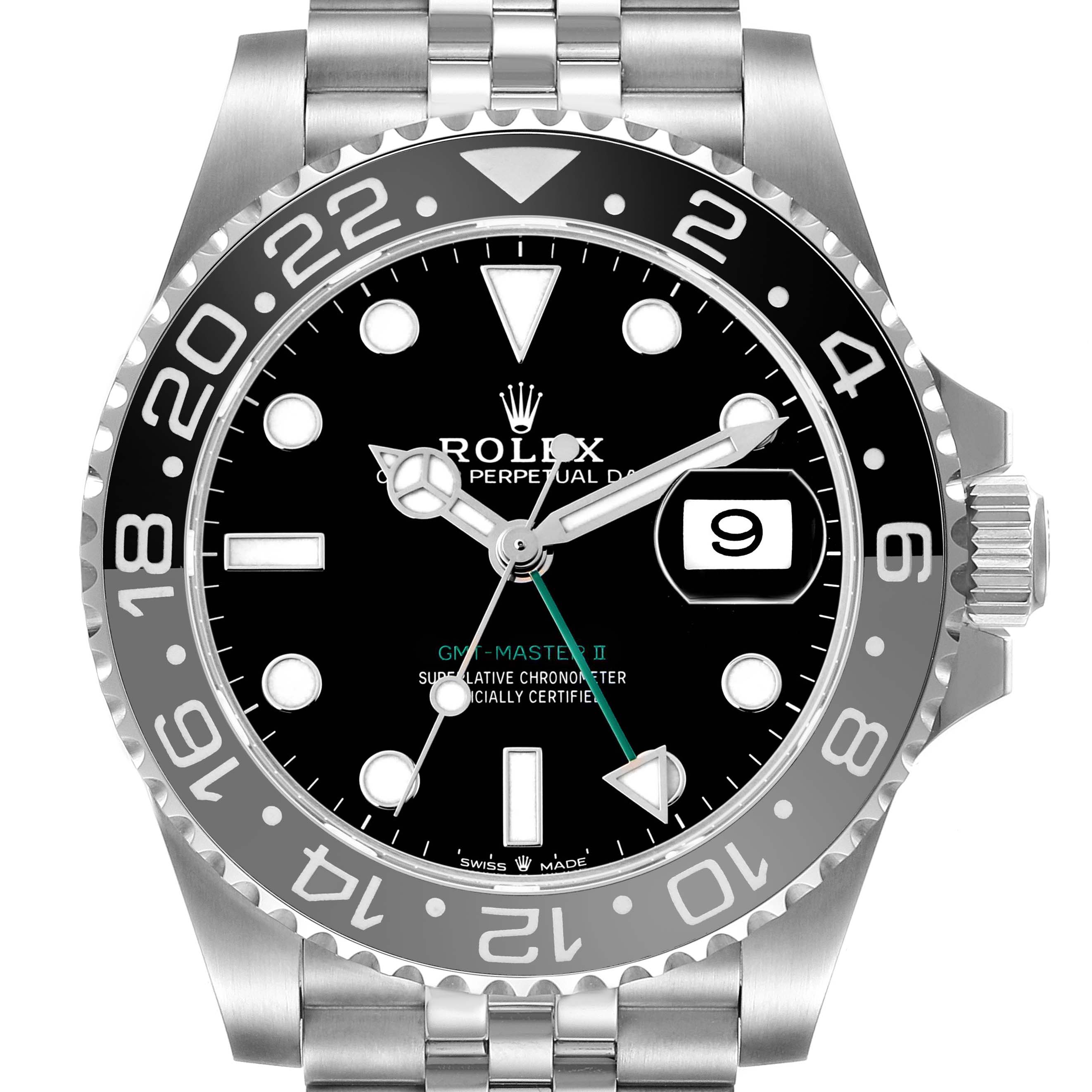 The Rolex GMT-Master 126710GRNR Men's Stainless Steel Black Dial watch is shown from a front angle, highlighting the dial, bezel, and part of the bracelet.
