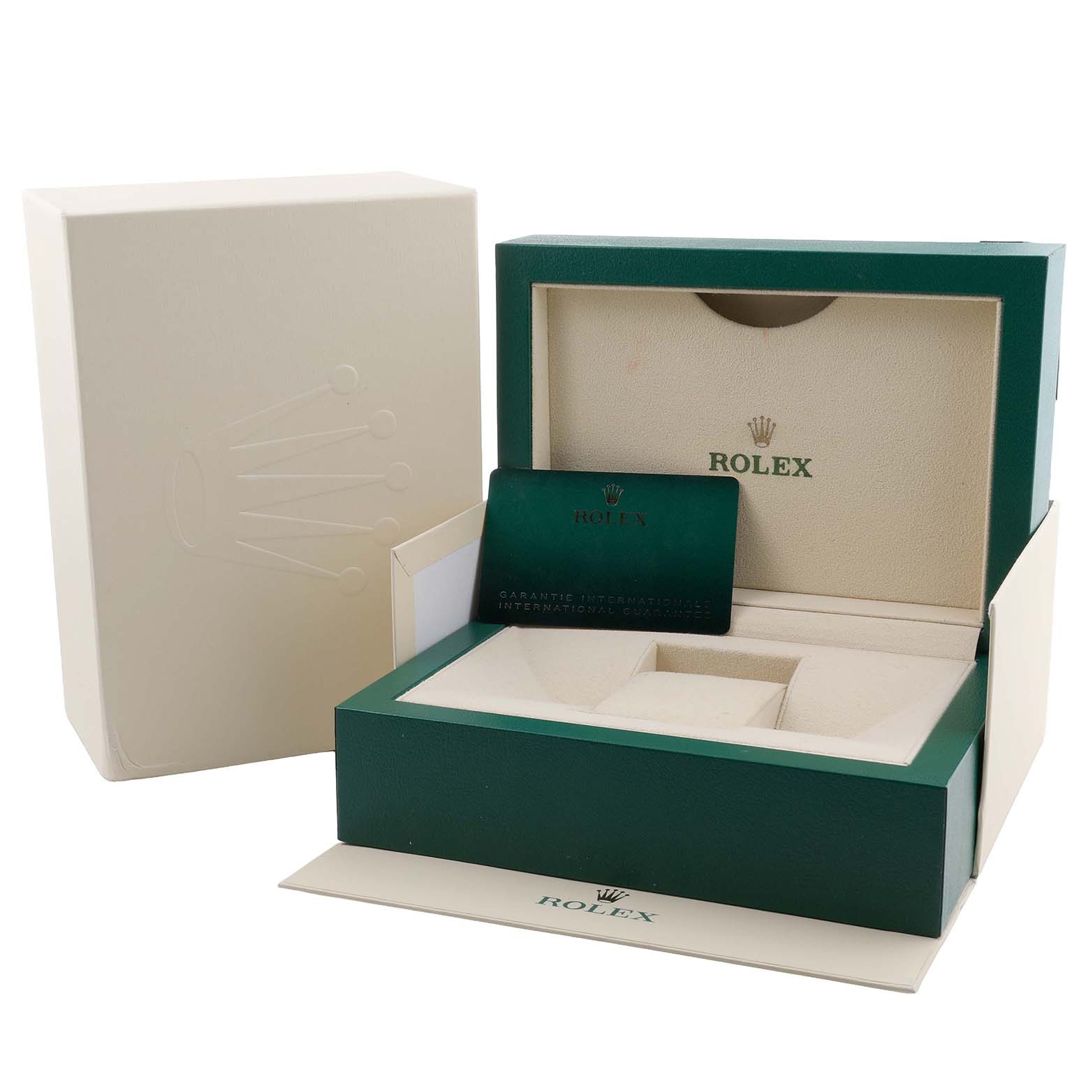 The image shows an open Rolex GMT-Master 126710GRNR Men's Stainless Steel Black Dial watch box with a warranty card and outer packaging.