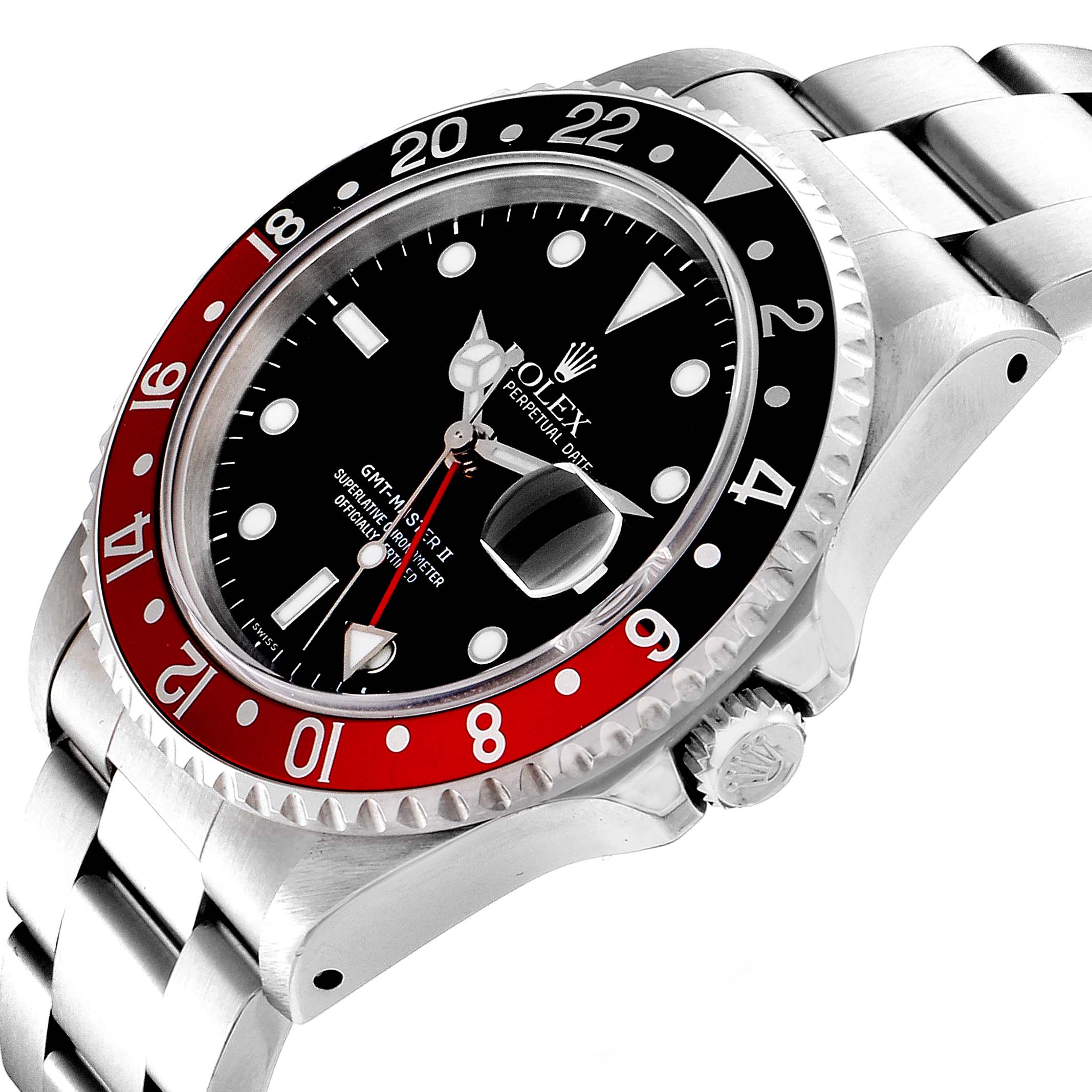 The Rolex GMT-Master 16710 Men
s Stainless Steel Black Dial 16710 Men
s Stainless Steel Black Dial watch is shown at an angled view, displaying the face, bezel, and part of the stainless steel bracelet.
