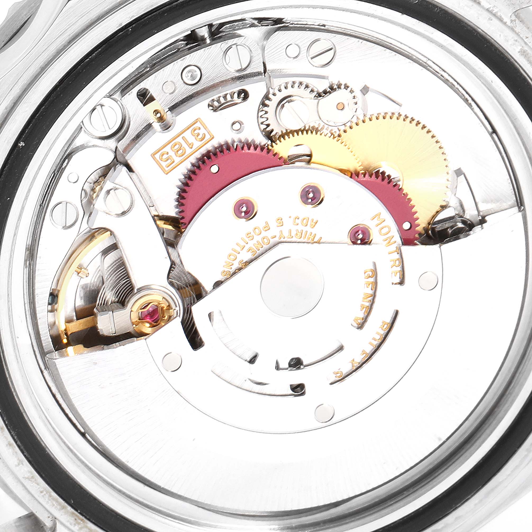 This image shows the intricate internal movement of the Rolex GMT-Master 16710 Men
s Stainless Steel Black Dial 16710 Men
s Stainless Steel Black Dial watch from a close-up angle.