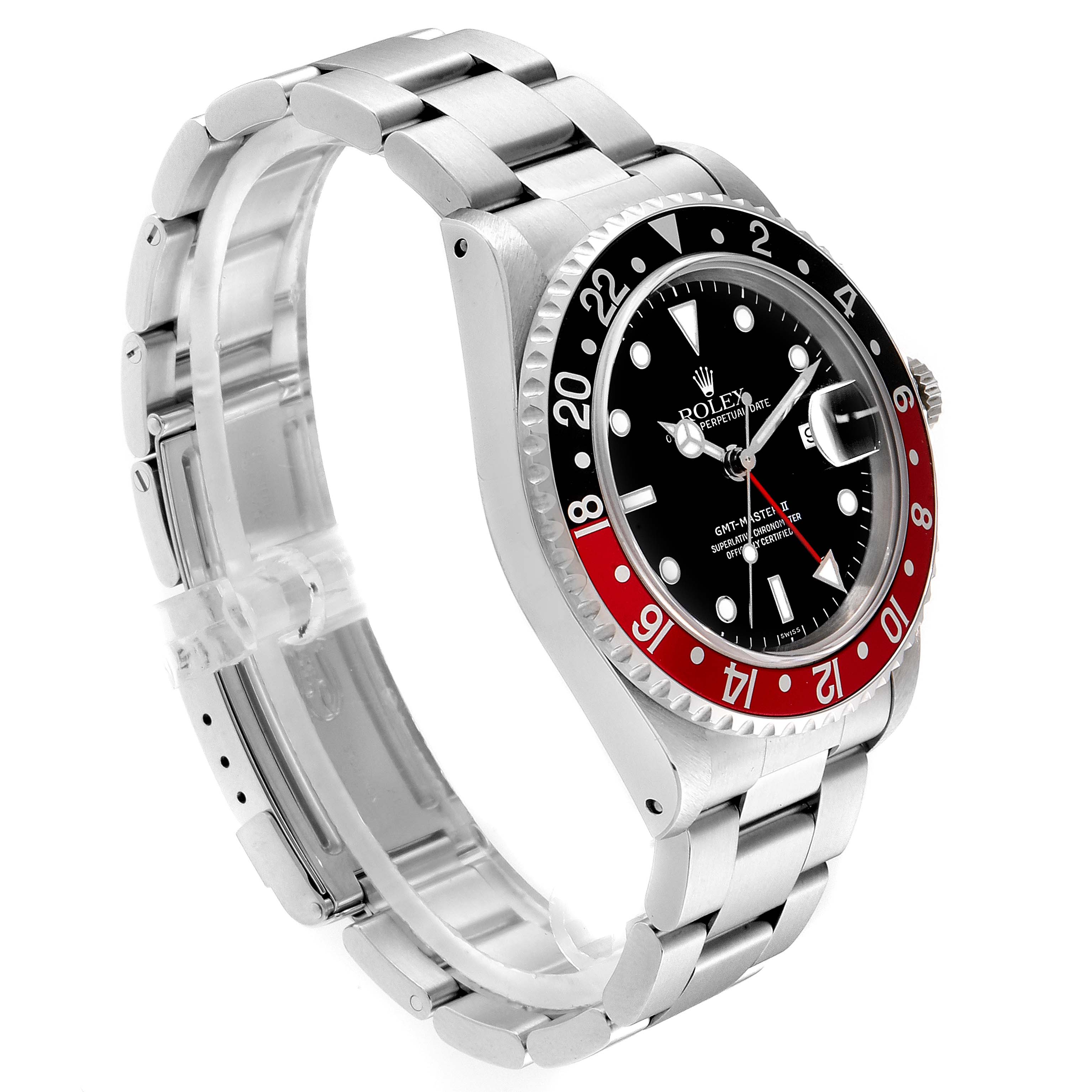 The Rolex GMT-Master 16710 Men
s Stainless Steel Black Dial 16710 Men
s Stainless Steel Black Dial watch is shown at an angle highlighting the face, bezel, and stainless steel bracelet.