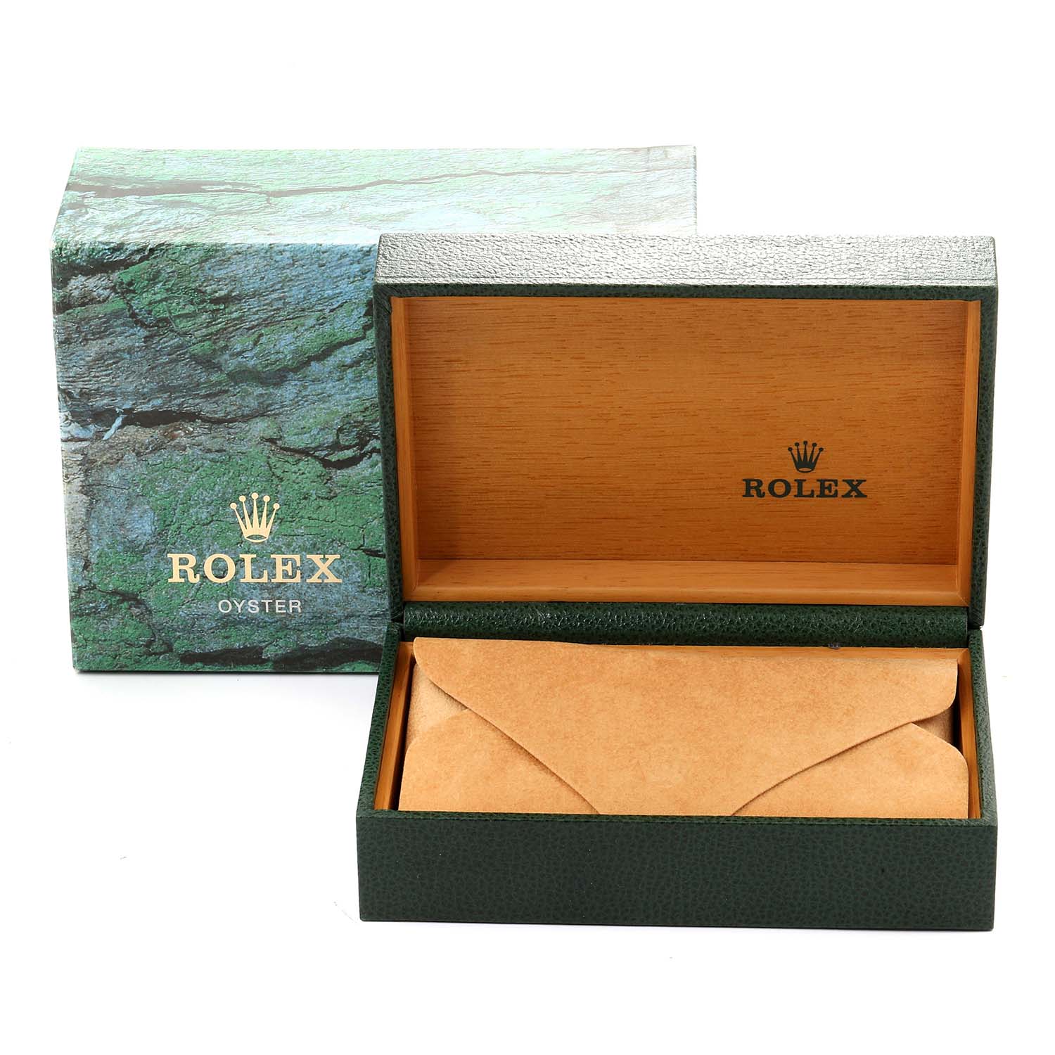 The image shows a Rolex GMT-Master 16710 Men
s Stainless Steel Black Dial 16710 Men
s Stainless Steel Black Dial watch box and cover from the front angle, with the watch box opened and an inner pouch inside it.