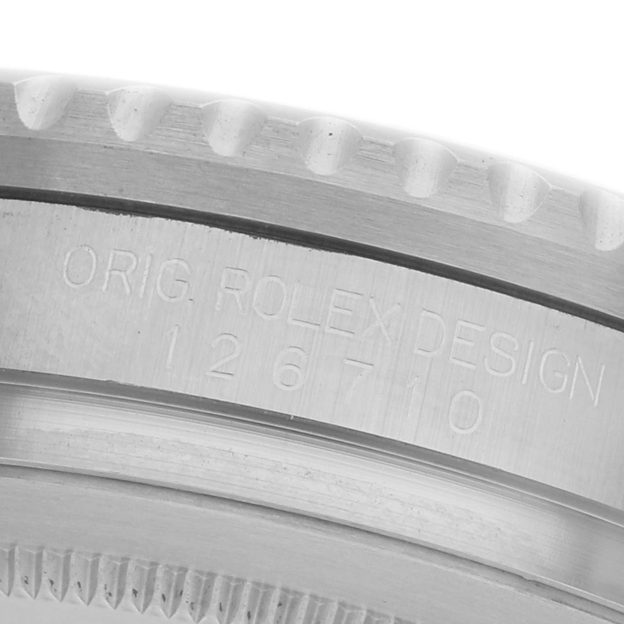 The image shows the side profile of the bezel and engraved model number "126710" of a Rolex GMT-Master 126710BLRO Men's Stainless Steel Black Dial 126710BLRO Men's Stainless Steel Black Dial watch.