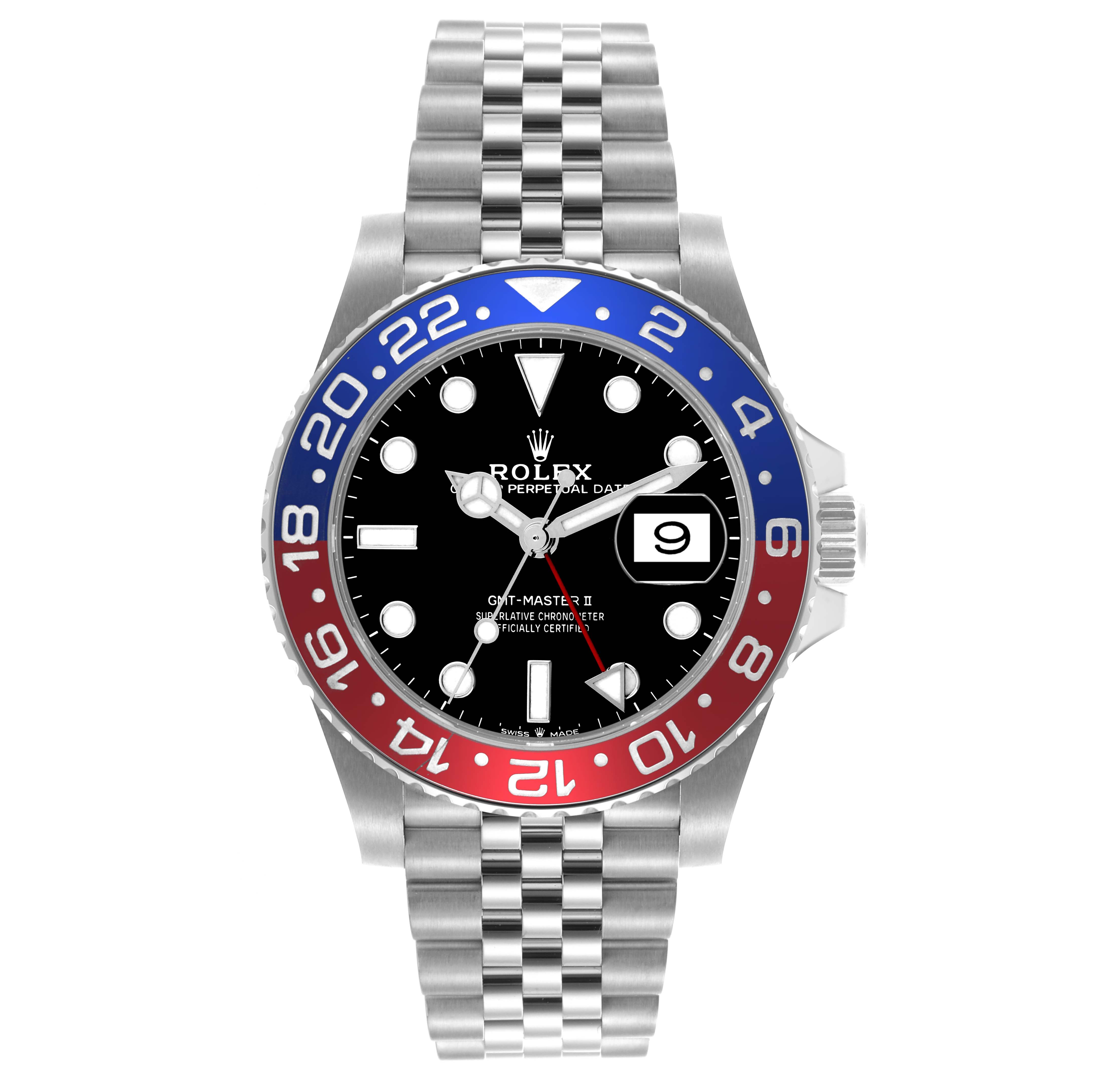 The Rolex GMT-Master 126710BLRO Men's Stainless Steel Black Dial 126710BLRO Men's Stainless Steel Black Dial watch is shown from the front, displaying the bezel, dial, hands, and part of the bracelet.