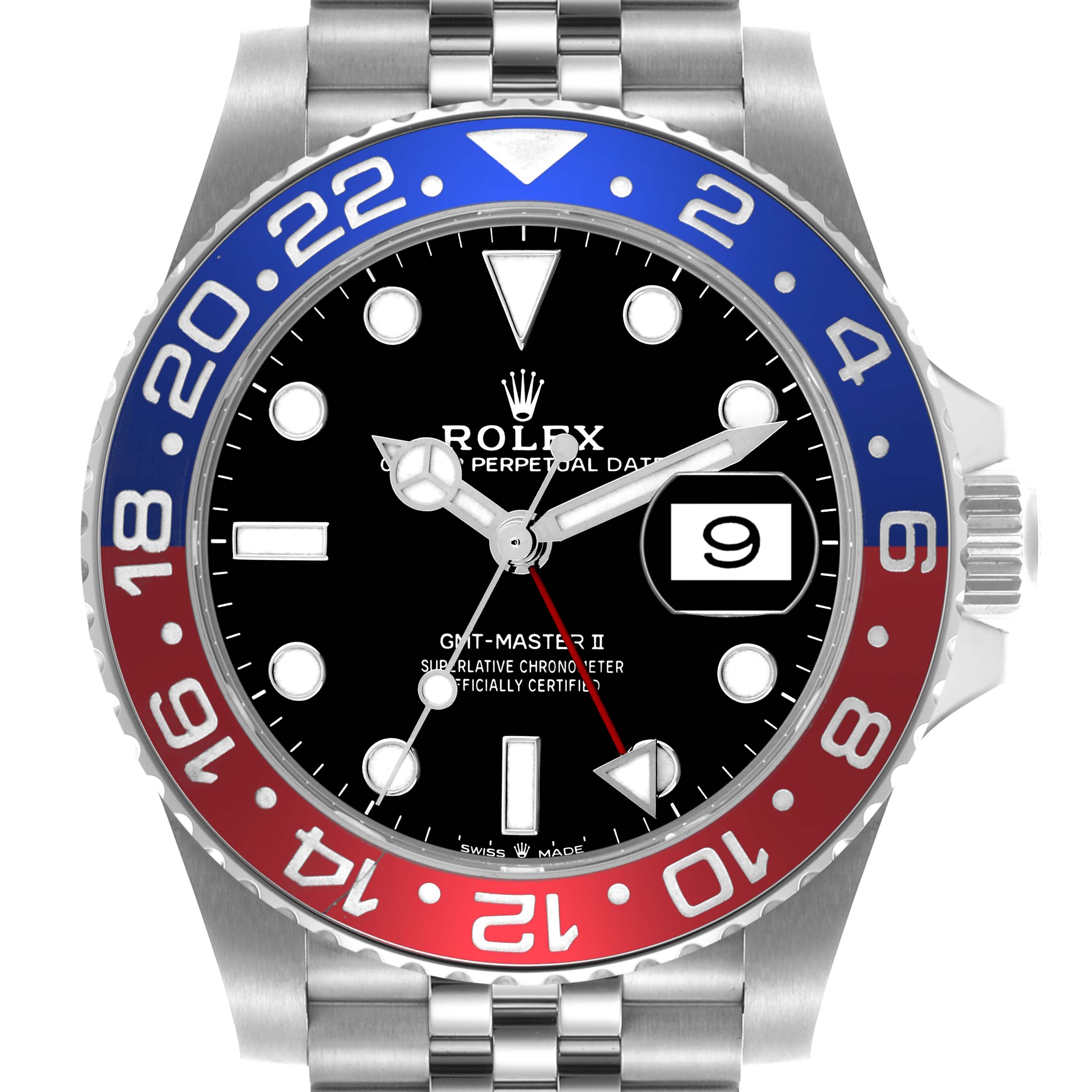 The Rolex GMT-Master 126710BLRO Men's Stainless Steel Black Dial 126710BLRO Men's Stainless Steel Black Dial watch is shown from a front angle, featuring the dial, bezel, and part of the bracelet.