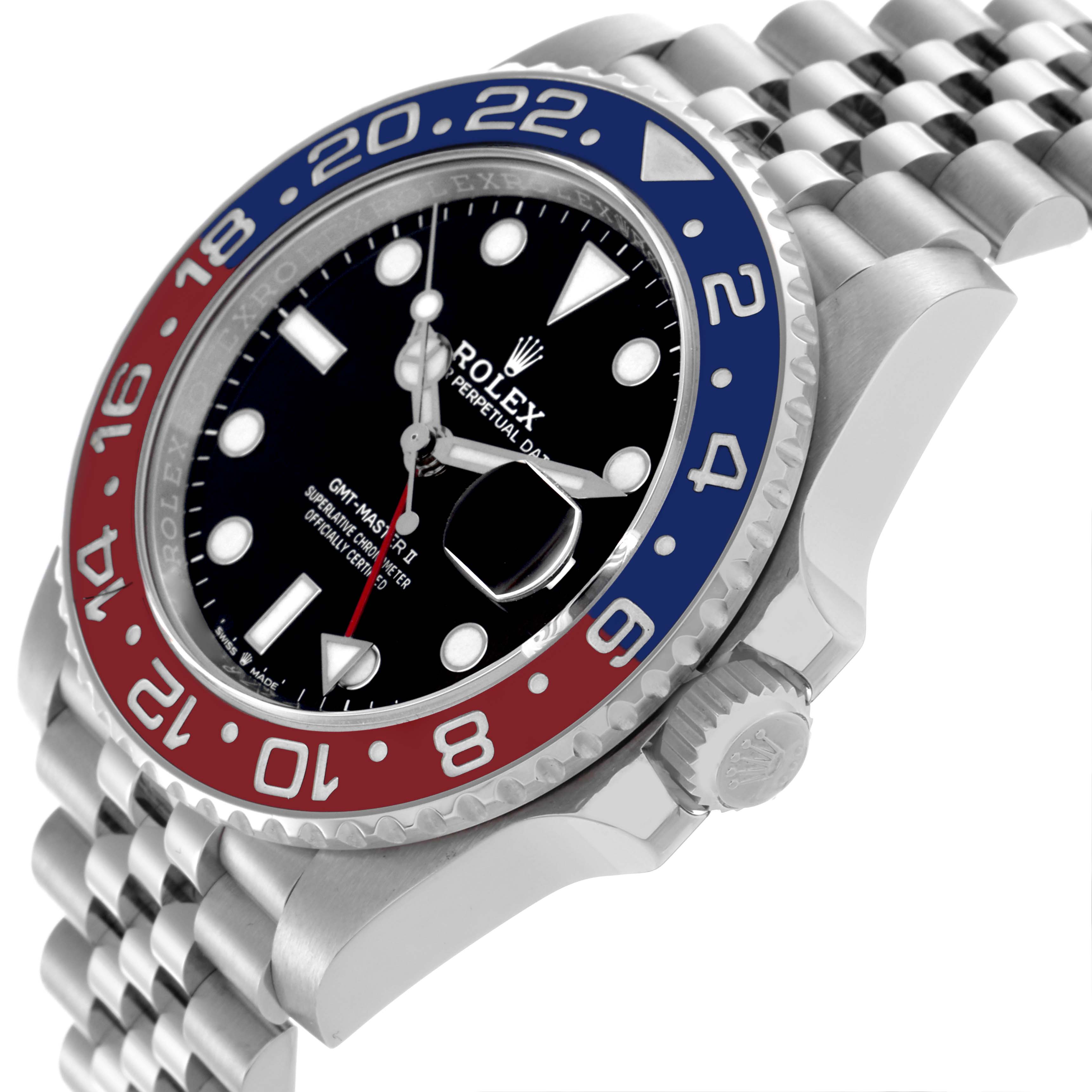 The image shows a side and top view of a Rolex GMT-Master 126710BLRO Men's Stainless Steel Black Dial 126710BLRO Men's Stainless Steel Black Dial watch, highlighting the bezel, dial, crown, and bracelet.