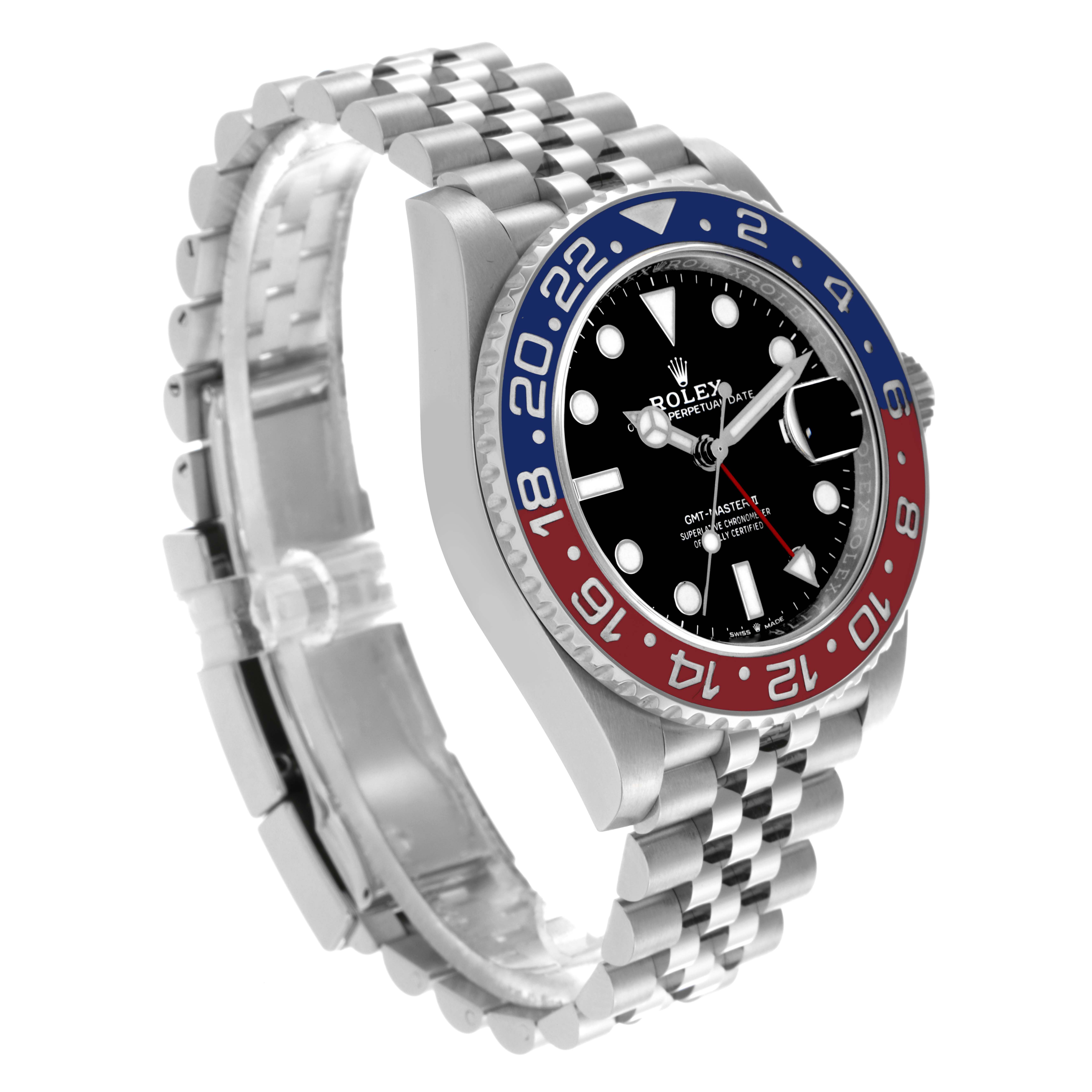 The Rolex GMT-Master 126710BLRO Men's Stainless Steel Black Dial 126710BLRO Men's Stainless Steel Black Dial watch is shown at a three-quarter angle, displaying the bezel, face, and bracelet.