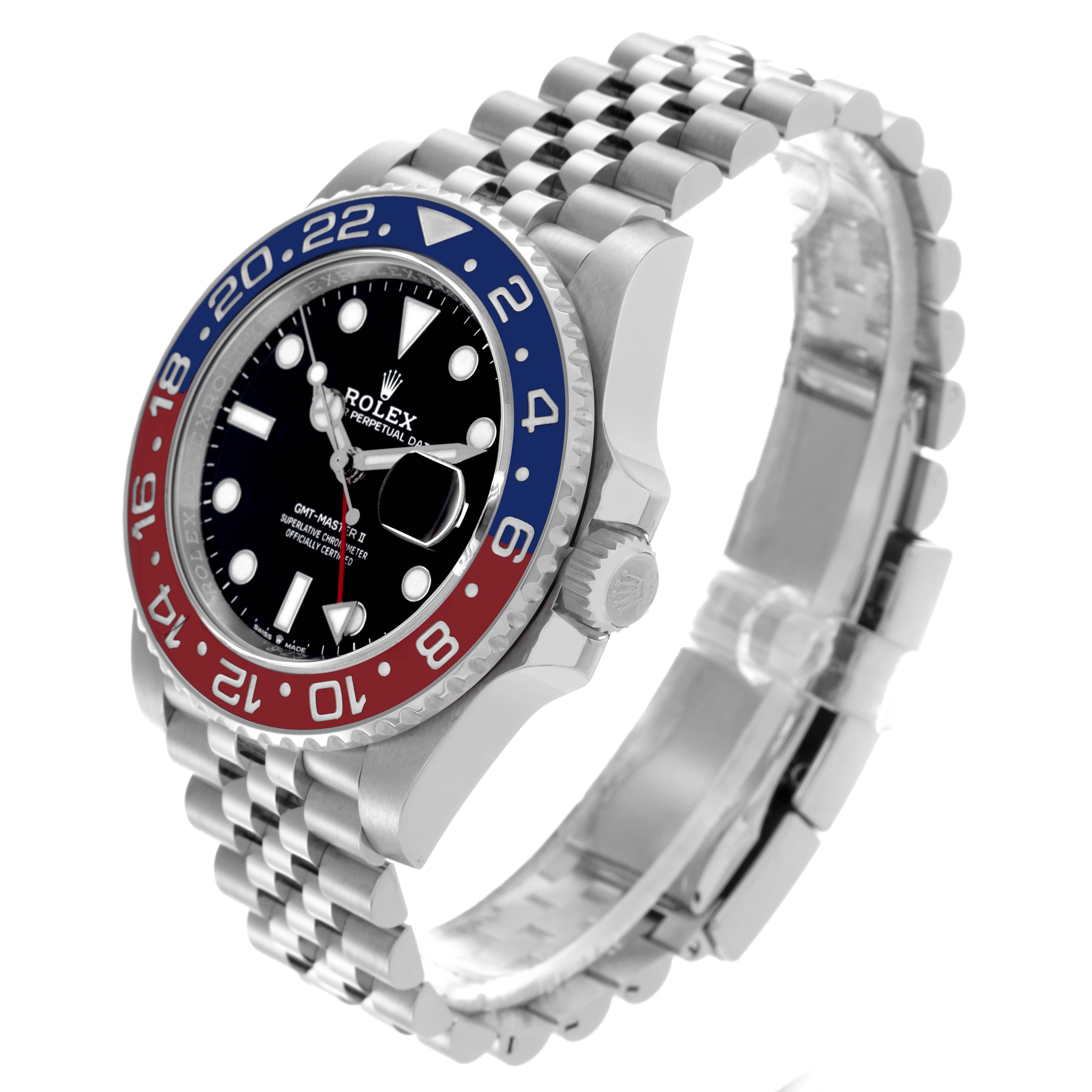 The Rolex GMT-Master 126710BLRO Men's Stainless Steel Black Dial 126710BLRO Men's Stainless Steel Black Dial watch is shown at a three-quarter angle, highlighting the bezel, face, and bracelet.