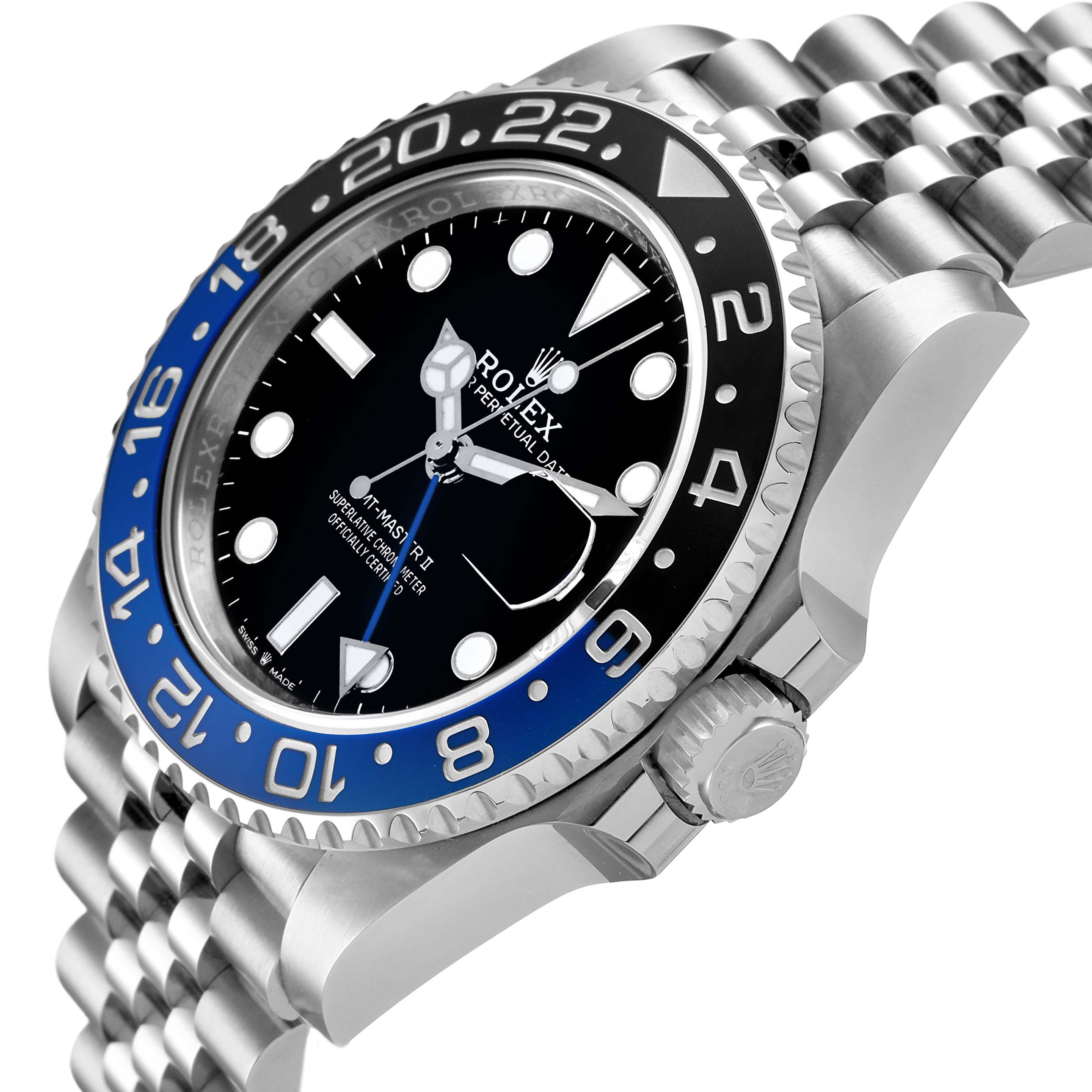The image shows a side view of a Rolex GMT-Master 126710BLNR Men's Stainless Steel Black Dial watch, highlighting the bezel, dial, and bracelet.