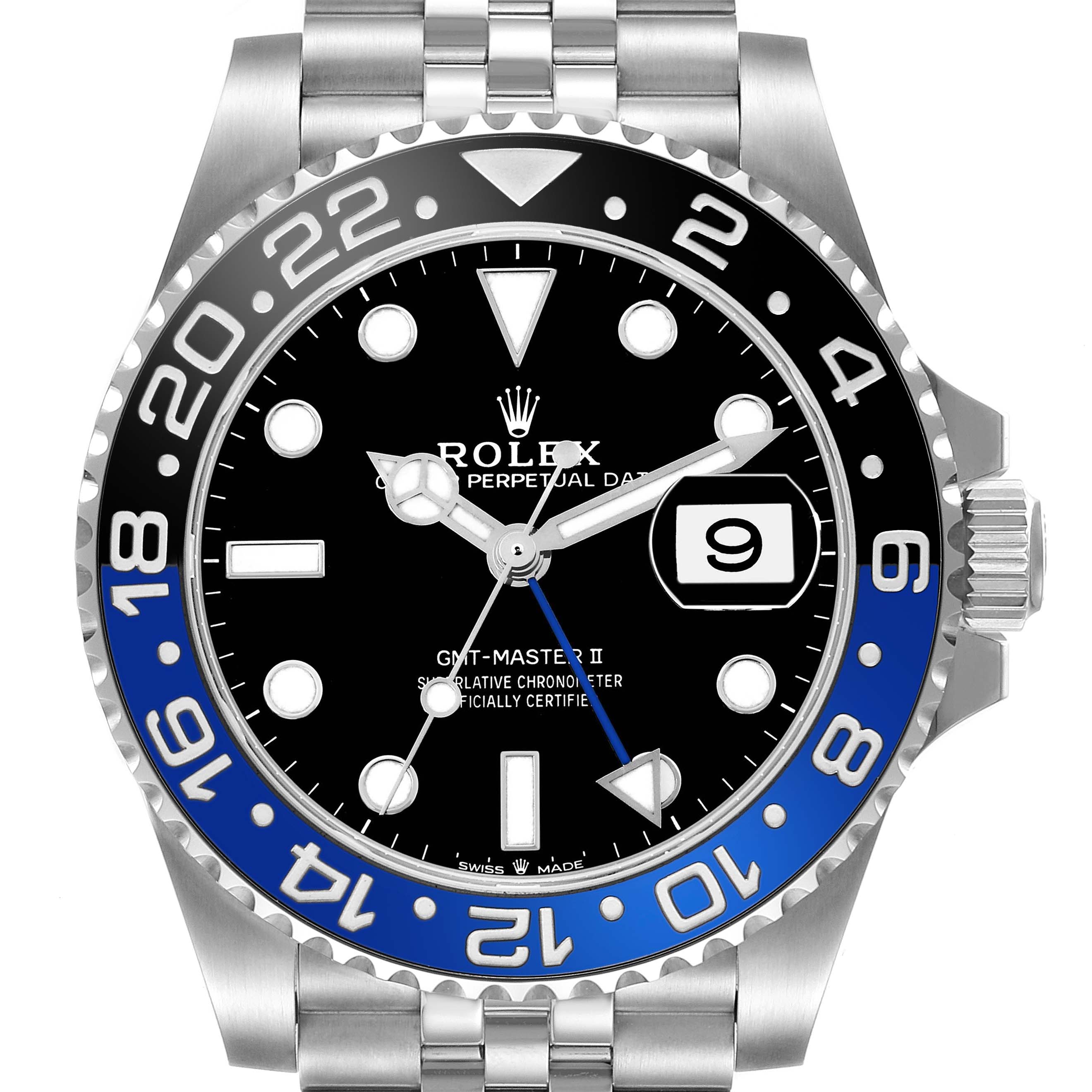 The Rolex GMT-Master 126710BLNR Men's Stainless Steel Black Dial watch is shown from the front, displaying the dial, bezel, and part of the bracelet.