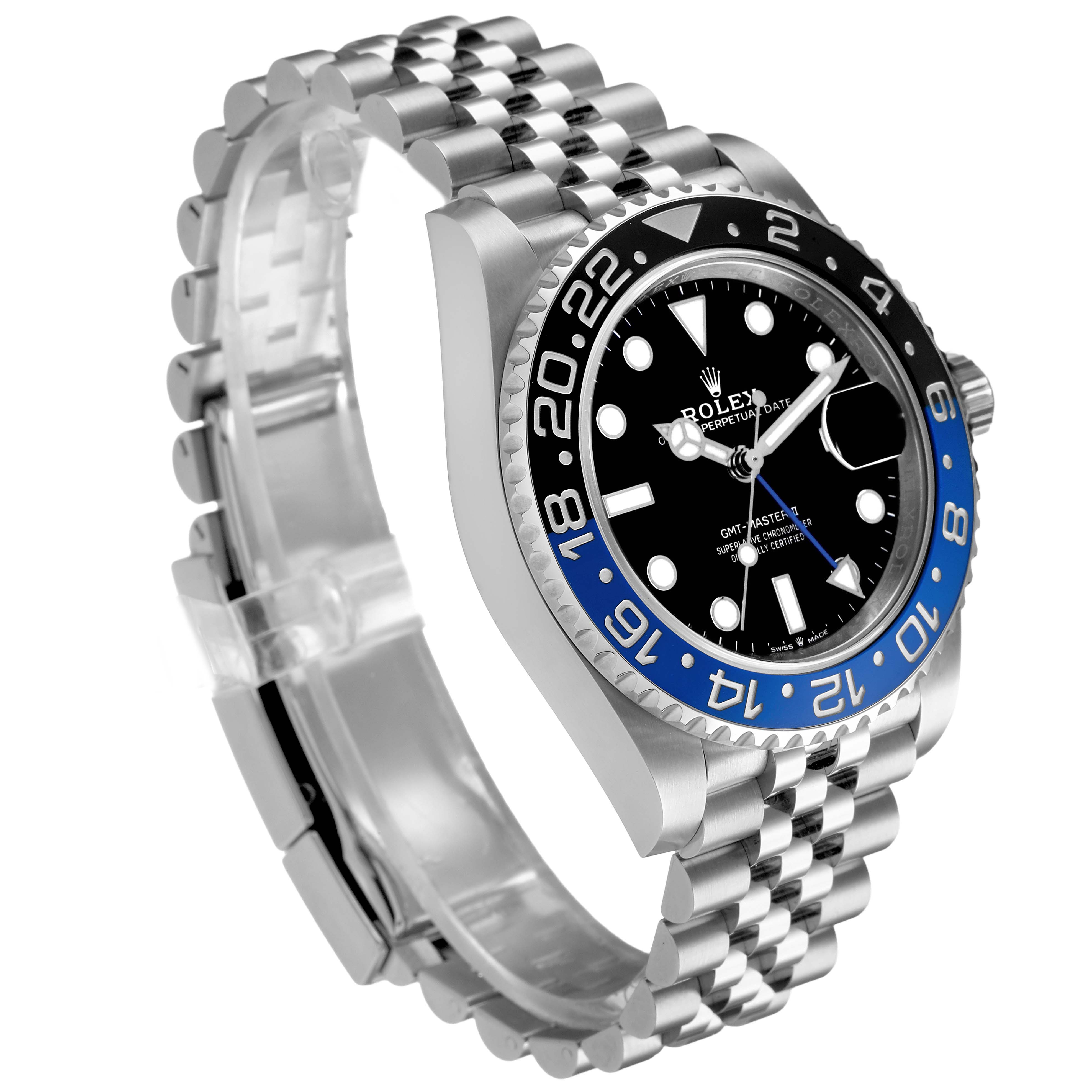 The Rolex GMT-Master 126710BLNR Men's Stainless Steel Black Dial watch is shown at an angle displaying its black and blue bezel, dial, and Jubilee bracelet.