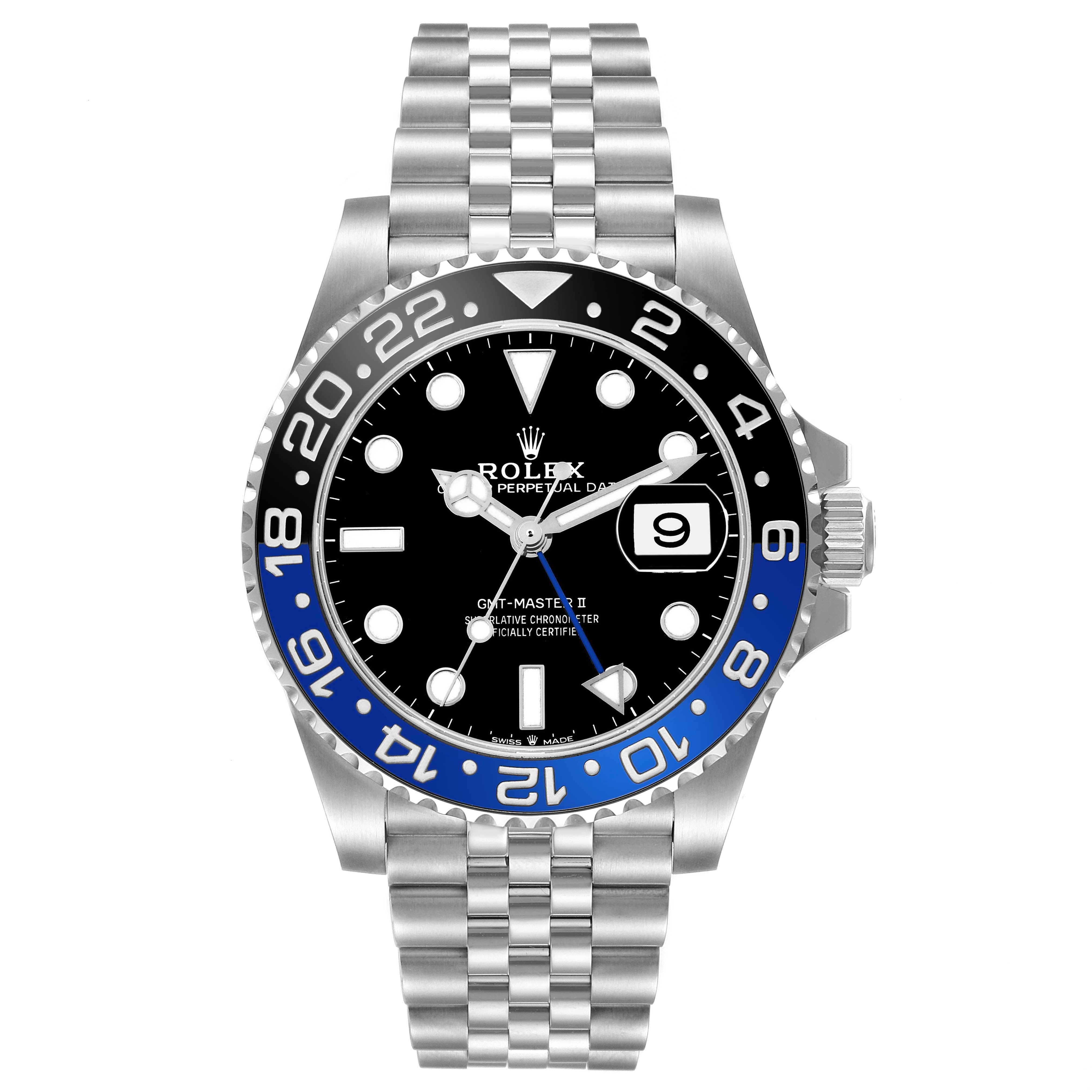The Rolex GMT-Master 126710BLNR Men's Stainless Steel Black Dial watch is shown from the front, displaying the face, bezel, and Jubilee bracelet.