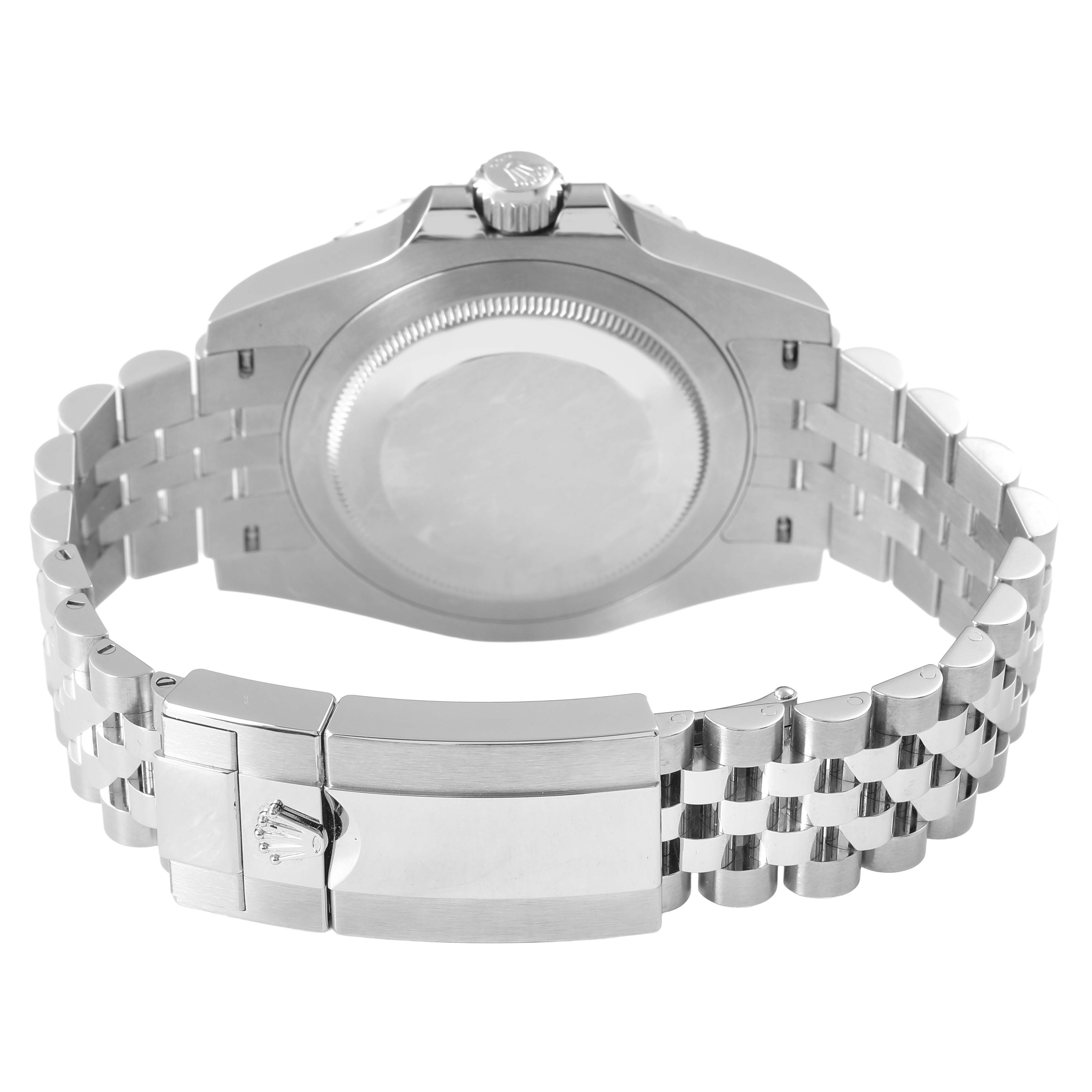 The image shows the back and clasp of a Rolex GMT-Master 126710BLNR Men's Stainless Steel Black Dial, focusing on the case back and metal bracelet.