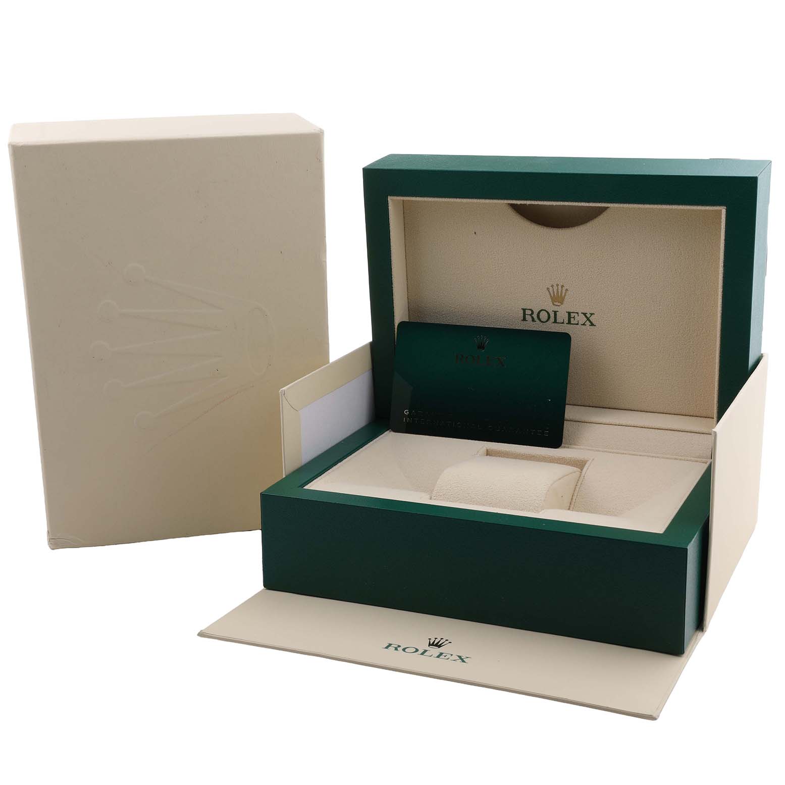 The image shows a Rolex GMT-Master 126710BLNR Men's Stainless Steel Black Dial watch box set with an open green case, warranty card, and outer cream-colored packaging.