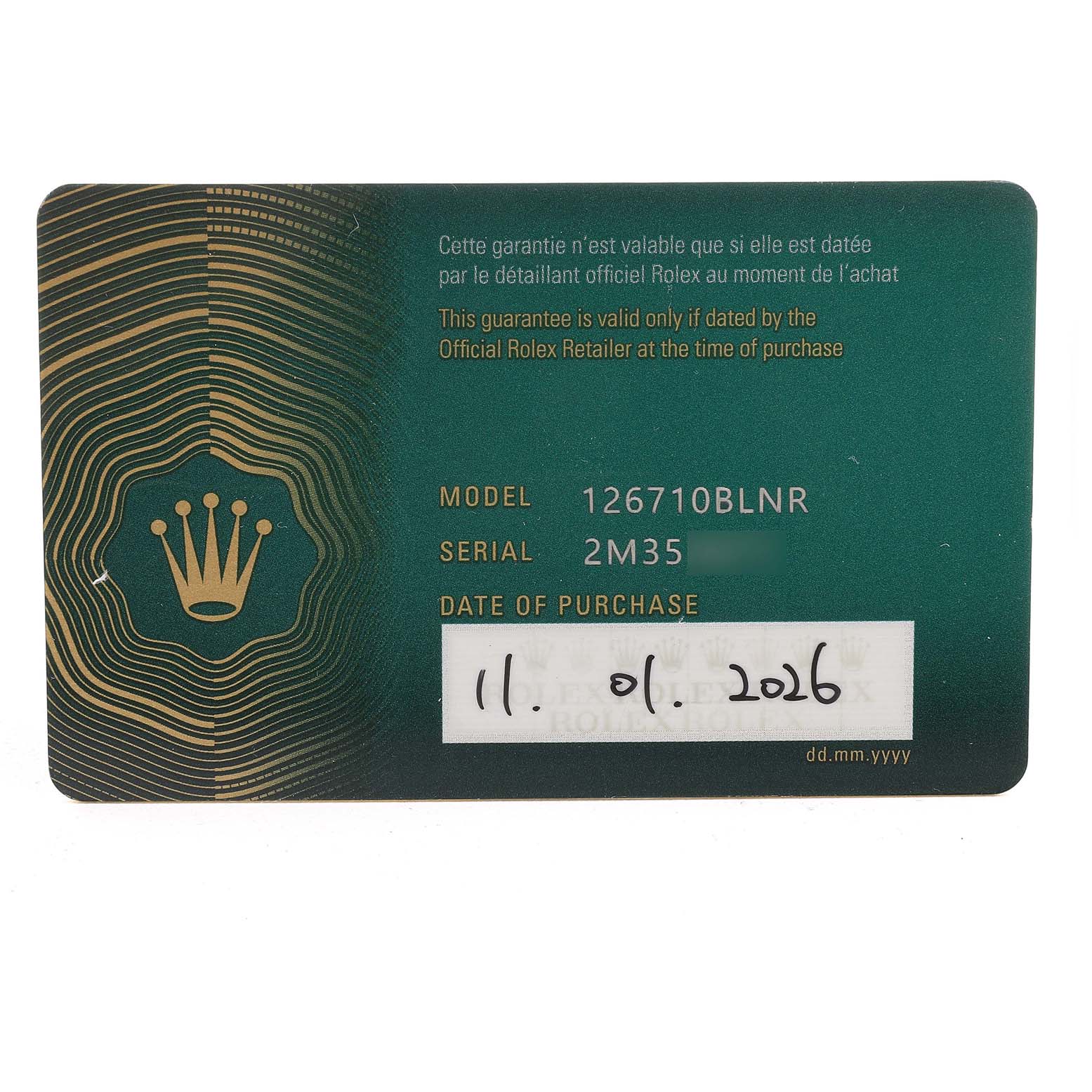 This image shows a warranty card for a Rolex GMT-Master 126710BLNR Men's Stainless Steel Black Dial model, displaying model, serial number, and purchase date.