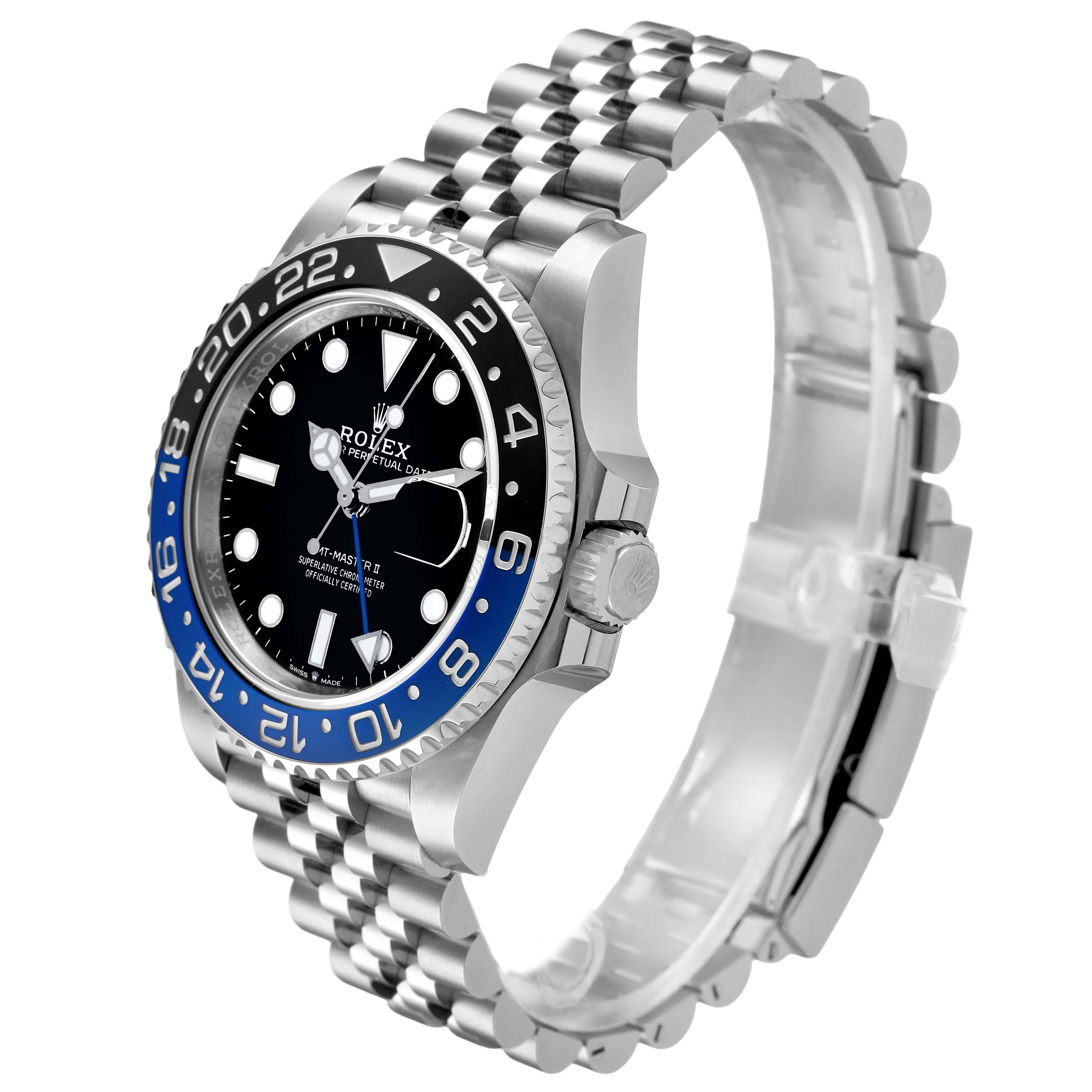 The Rolex GMT-Master 126710BLNR Men's Stainless Steel Black Dial watch is shown at a slight side angle, highlighting the bezel, dial, crown, and Jubilee bracelet.