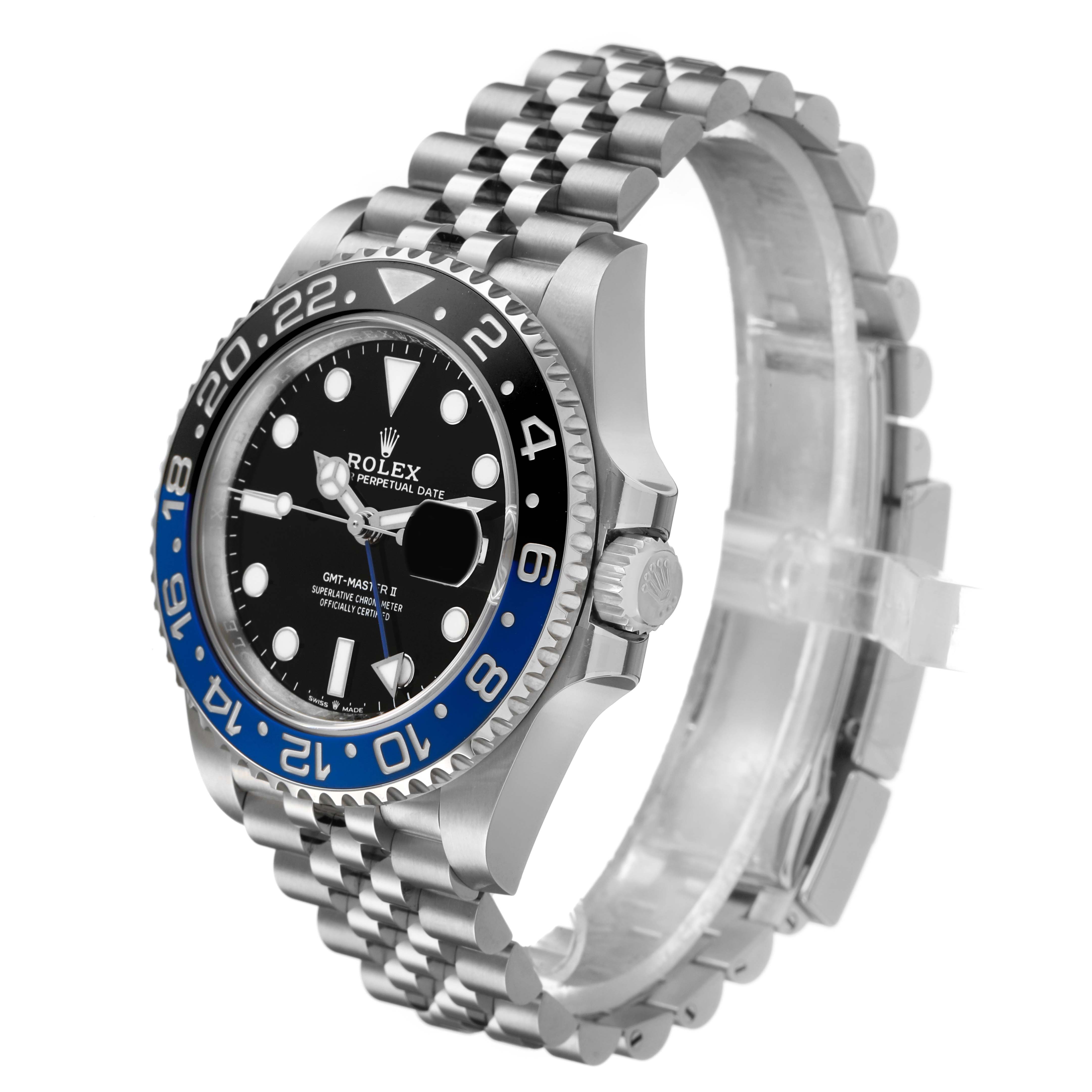 The Rolex GMT-Master 126710BLNR Men's Stainless Steel Black Dial watch is shown at a three-quarter angle, highlighting the bezel, dial, crown, and bracelet.