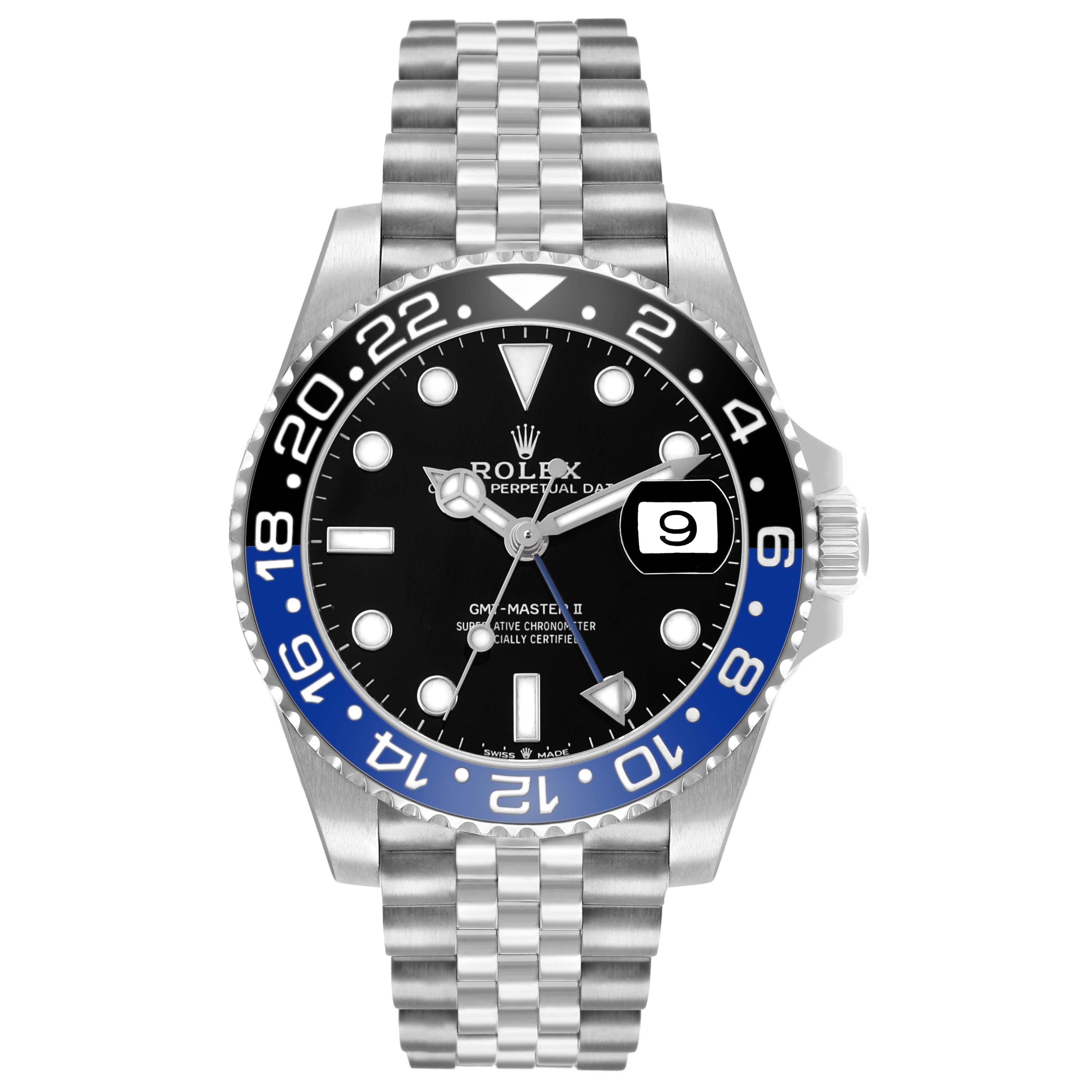 The Rolex GMT-Master 126710BLNR Men's Stainless Steel Black Dial watch is shown from the front, displaying the bezel, dial, hands, and bracelet.