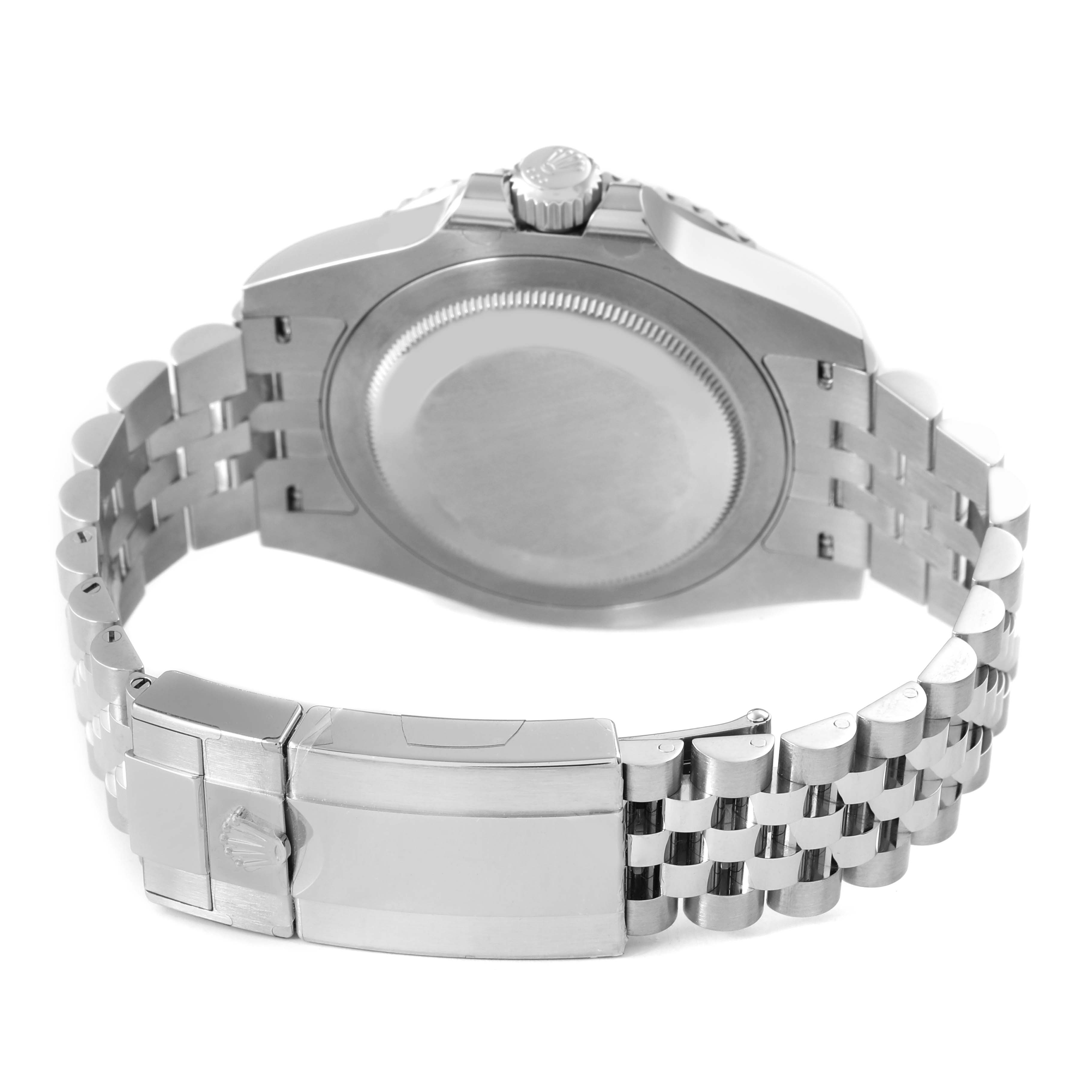 The image shows the back case and bracelet clasp of a Rolex GMT-Master 126710BLNR Men's Stainless Steel Black Dial watch from a rear angle.