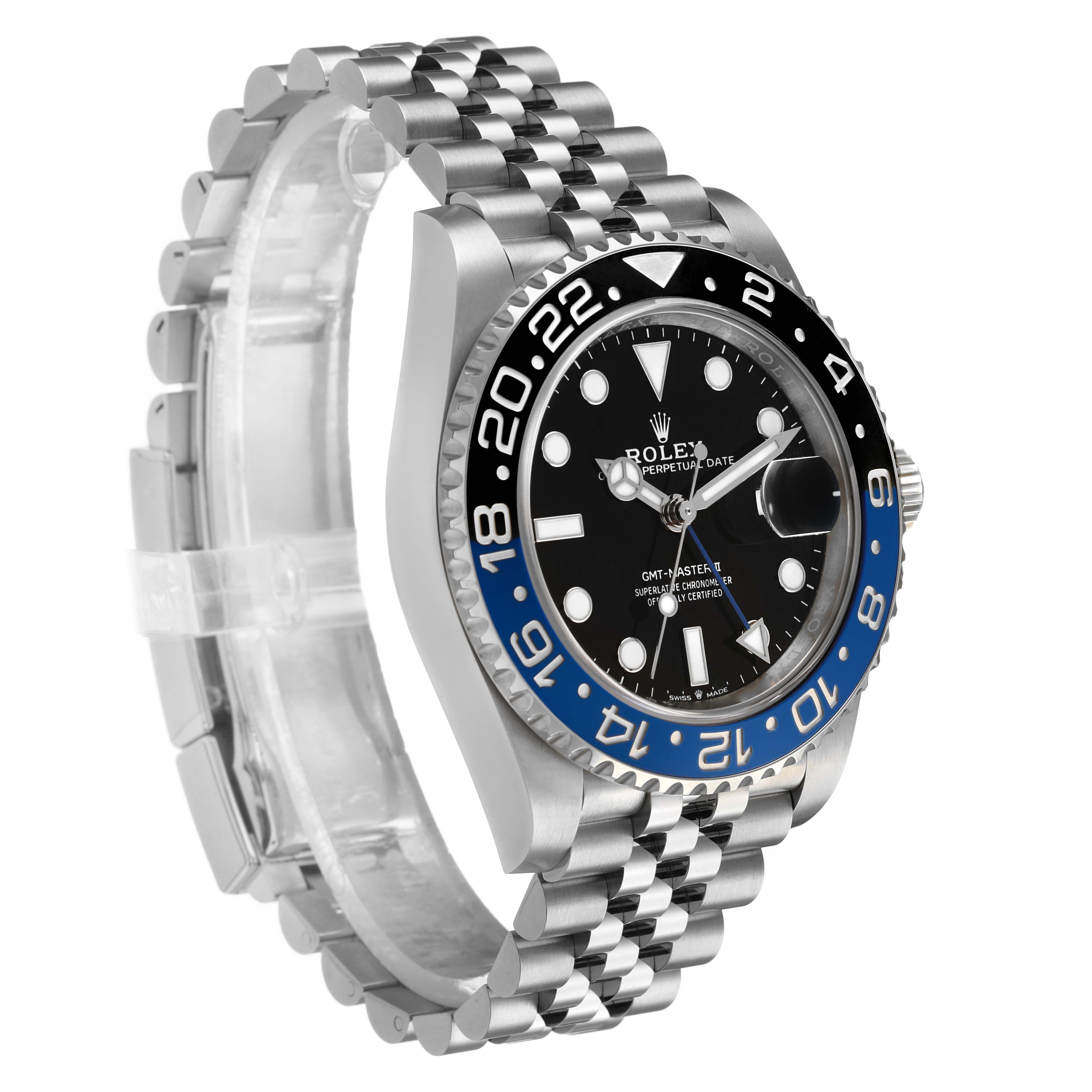 The Rolex GMT-Master 126710BLNR Men's Stainless Steel Black Dial watch is shown at a three-quarter angle, highlighting the bezel, dial, and Jubilee bracelet.
