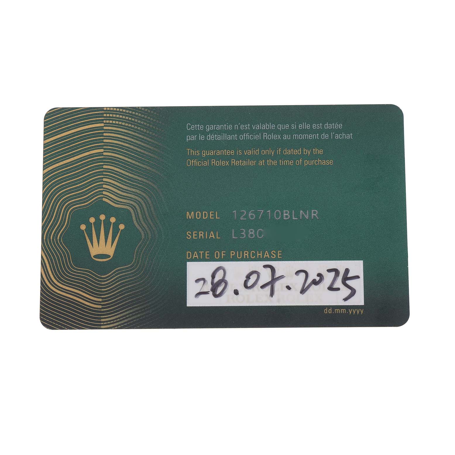 The image shows a warranty card for the Rolex GMT-Master 126710BLNR Men's Stainless Steel Black Dial model, featuring model and serial numbers, and the date of purchase.