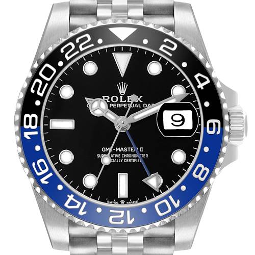The Rolex GMT-Master 126710BLNR Men's Stainless Steel Black Dial II watch is shown from a front angle, highlighting the dial, bezel, hands, and date display.