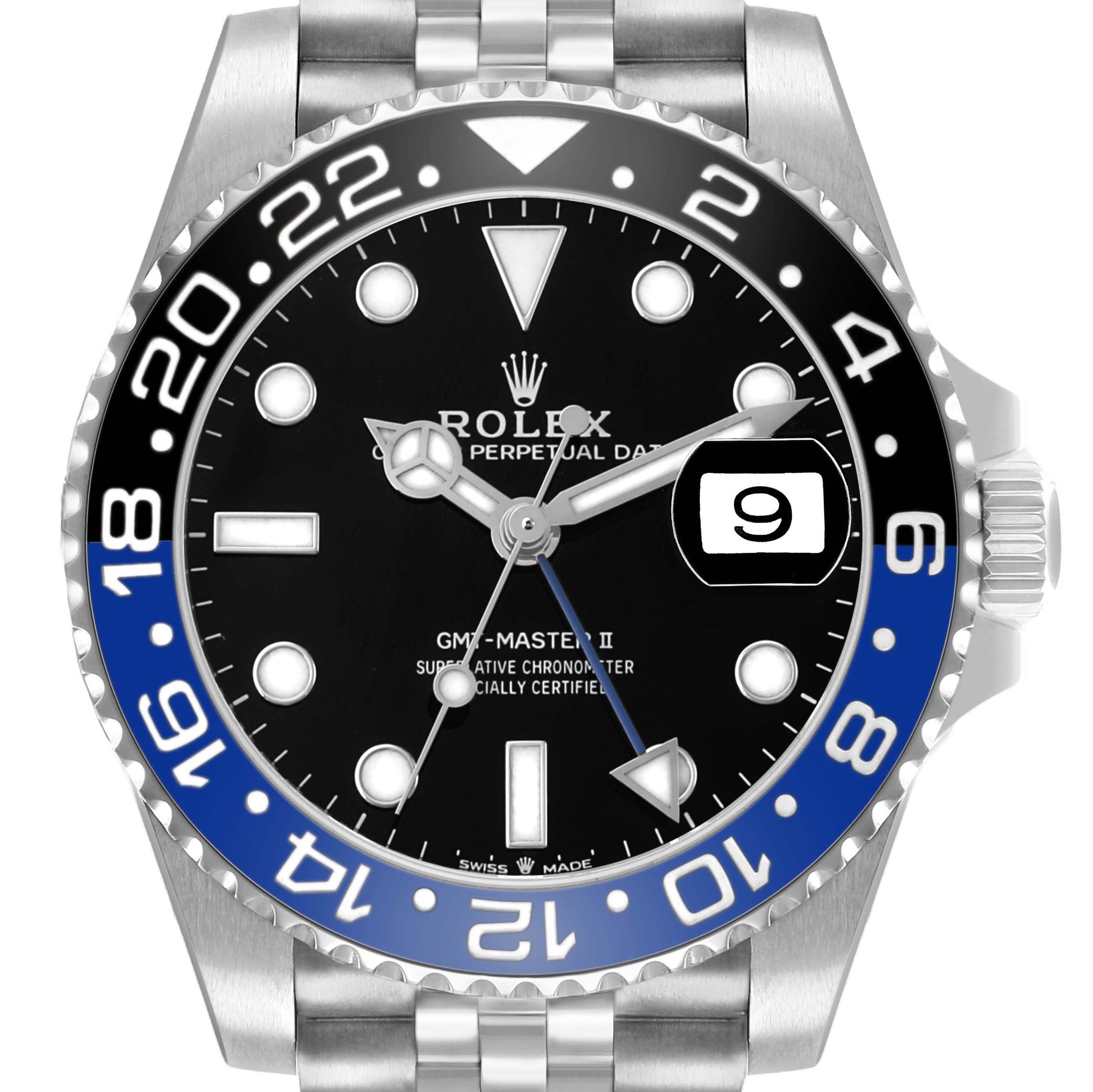The image shows a front view of the Rolex GMT-Master 126710BLNR Men's Stainless Steel Black Dial II watch, highlighting the bezel, dial, and date window.