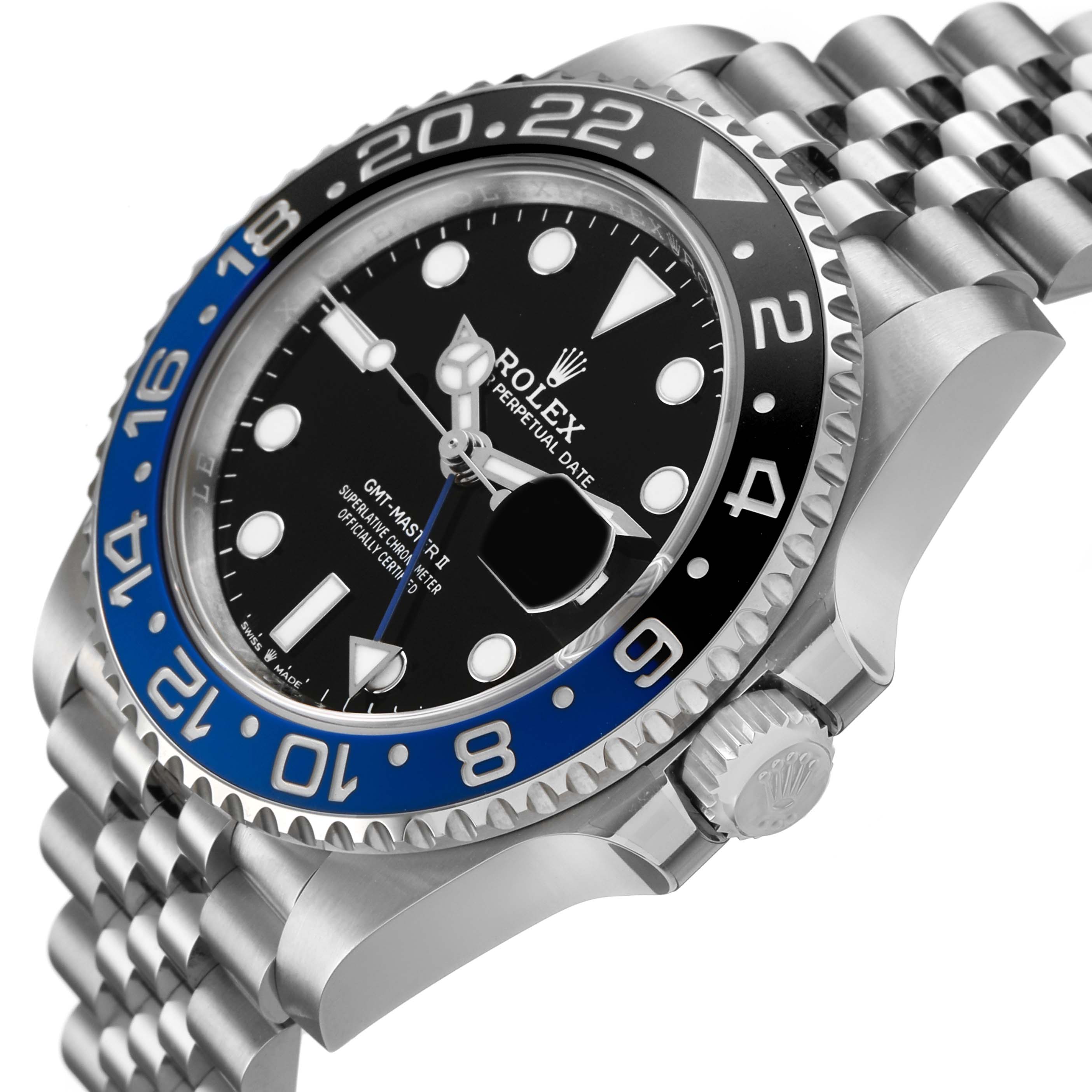 The Rolex GMT-Master 126710BLNR Men's Stainless Steel Black Dial watch is shown at an angled side view, highlighting the bezel, dial, crown, and bracelet.