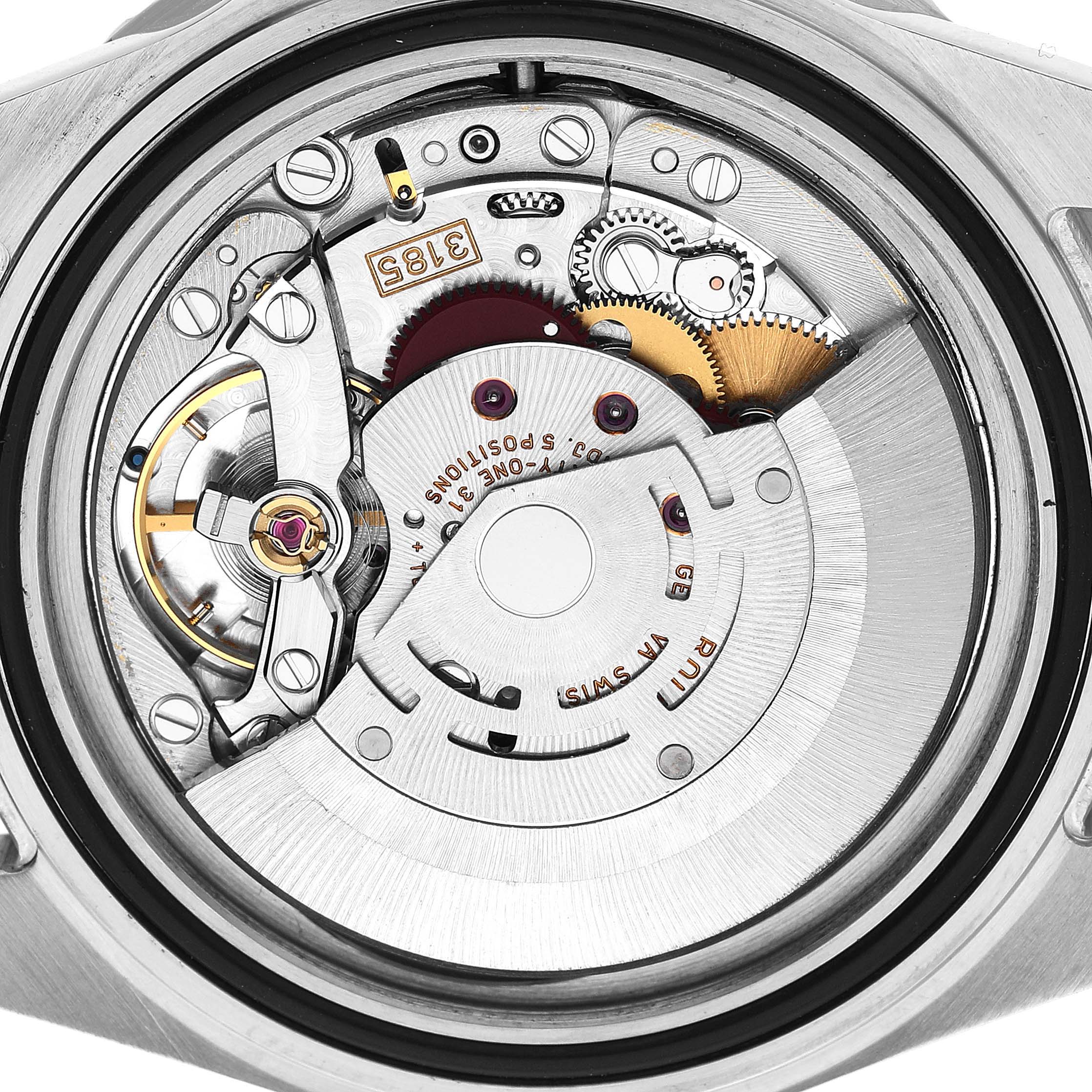 The image shows the back view of a Rolex GMT-Master 16710 Men's Stainless Steel Black Dial, highlighting its intricate movement and internal components.