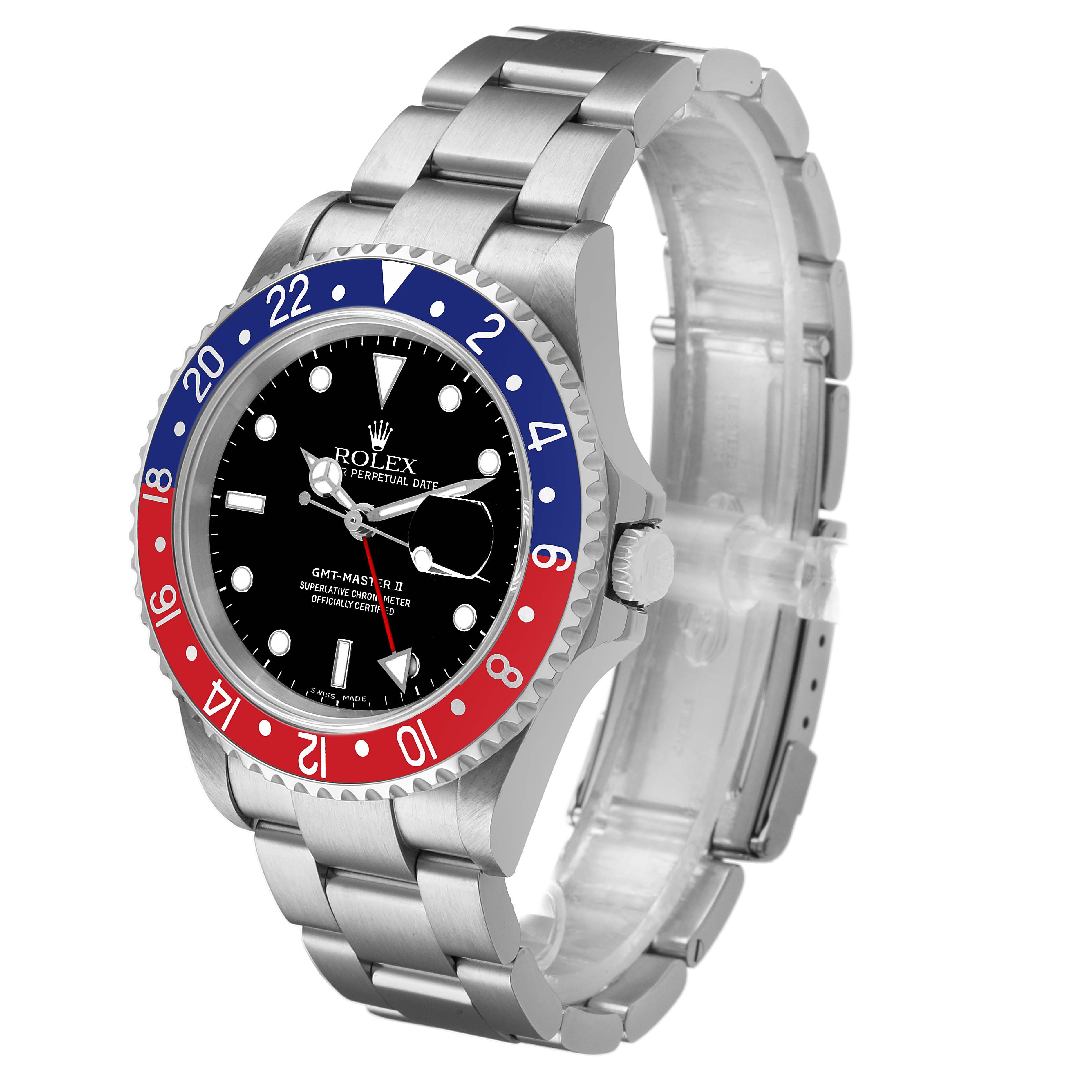 The Rolex GMT-Master 16710 Men's Stainless Steel Black Dial watch is shown at a three-quarter angle, highlighting the bezel, dial, and part of the bracelet.