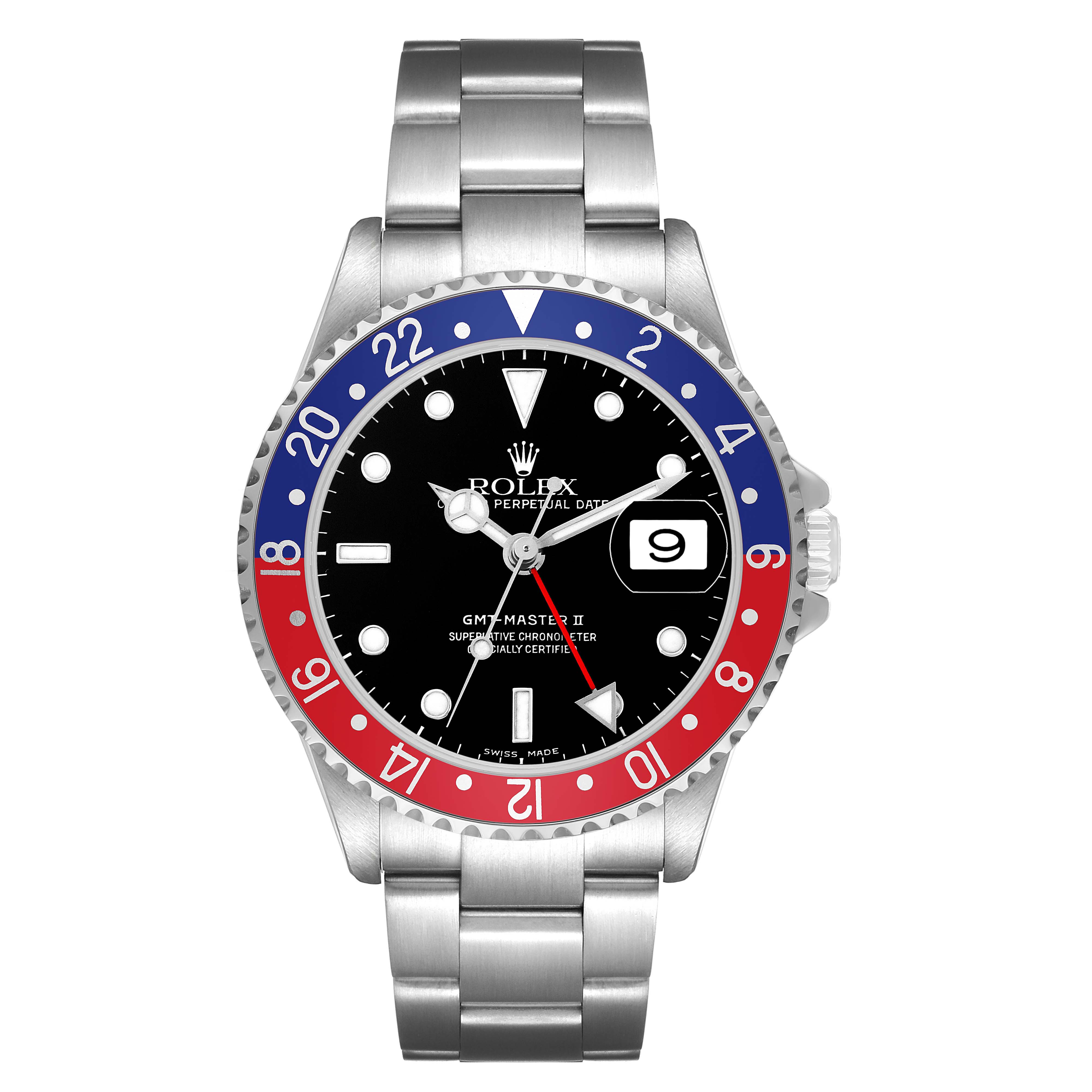 The Rolex GMT-Master 16710 Men's Stainless Steel Black Dial watch is shown from the front, displaying the bezel, dial, hands, and bracelet.