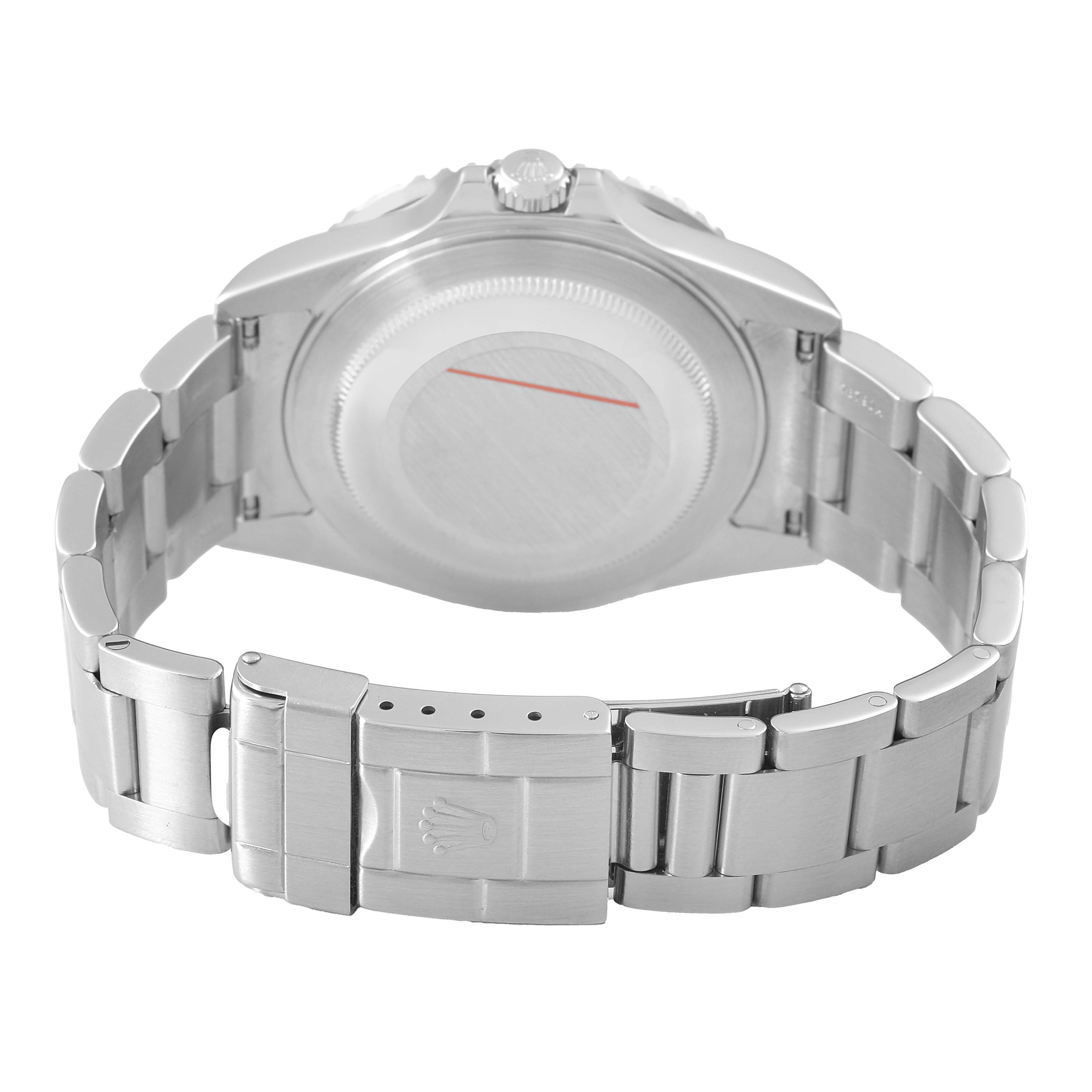 The image shows the back view of a Rolex GMT-Master 16710 Men's Stainless Steel Black Dial watch, highlighting its case back and metal bracelet with clasp.