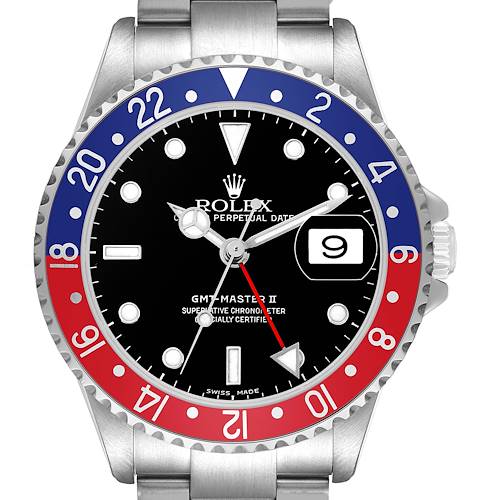 The Rolex GMT-Master 16710 Men's Stainless Steel Black Dial watch is shown from the front, highlighting its bezel, dial, hands, and bracelet.