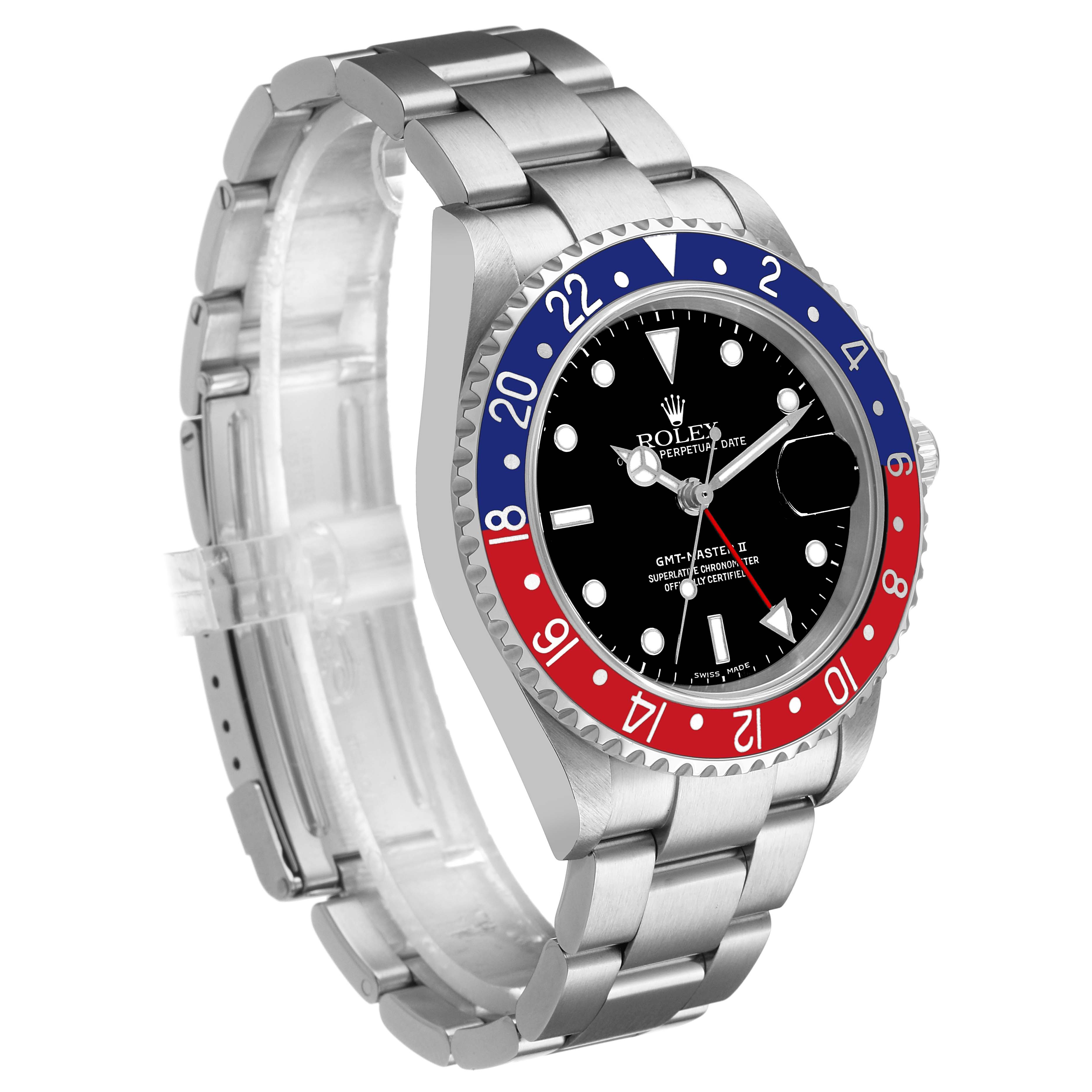 The Rolex GMT-Master 16710 Men's Stainless Steel Black Dial watch is shown at a three-quarter angle, highlighting the bezel, dial, and bracelet.