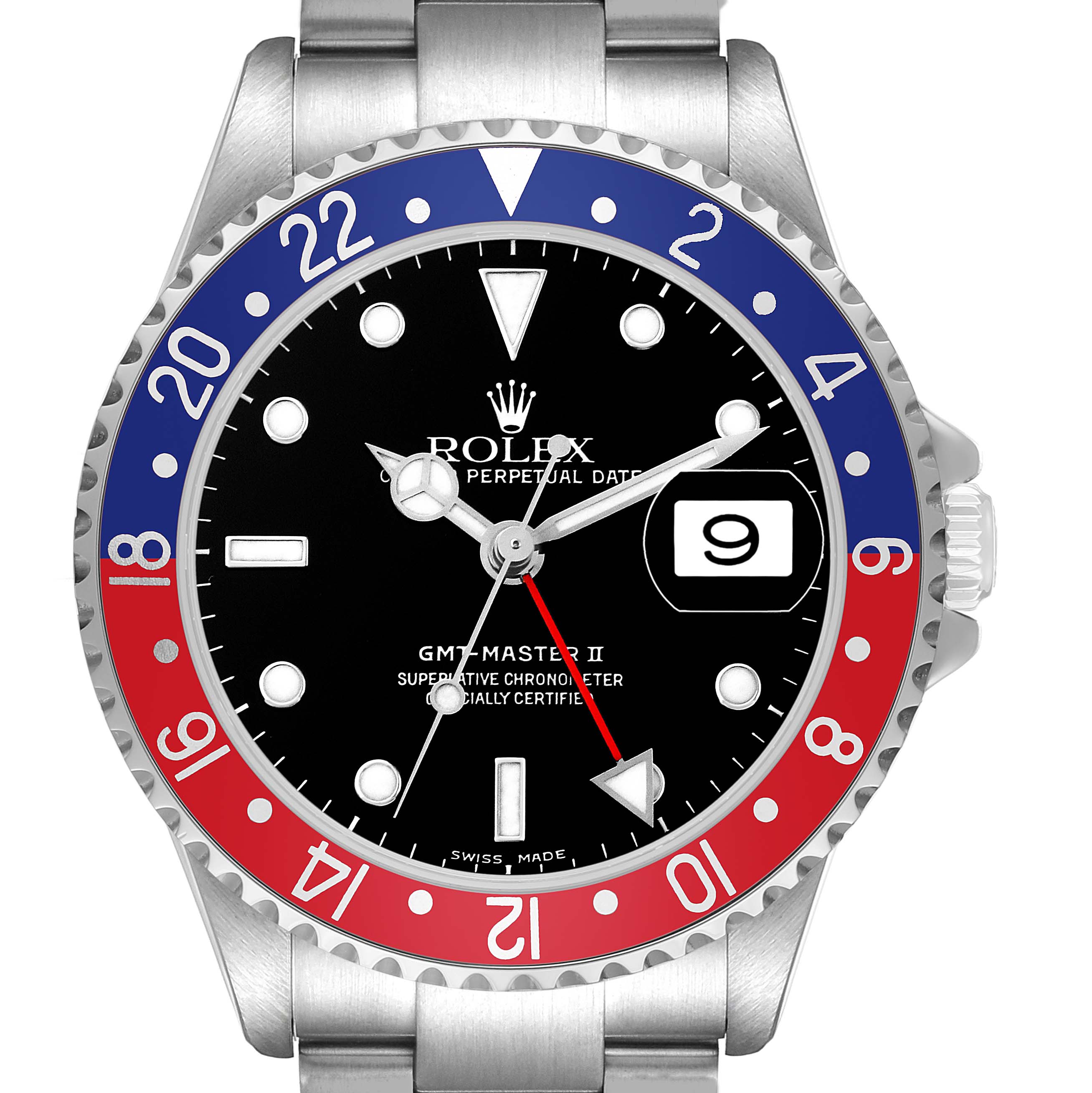 The Rolex GMT-Master 16710 Men's Stainless Steel Black Dial watch is shown from a front angle, highlighting its bezel, dial, and date feature.