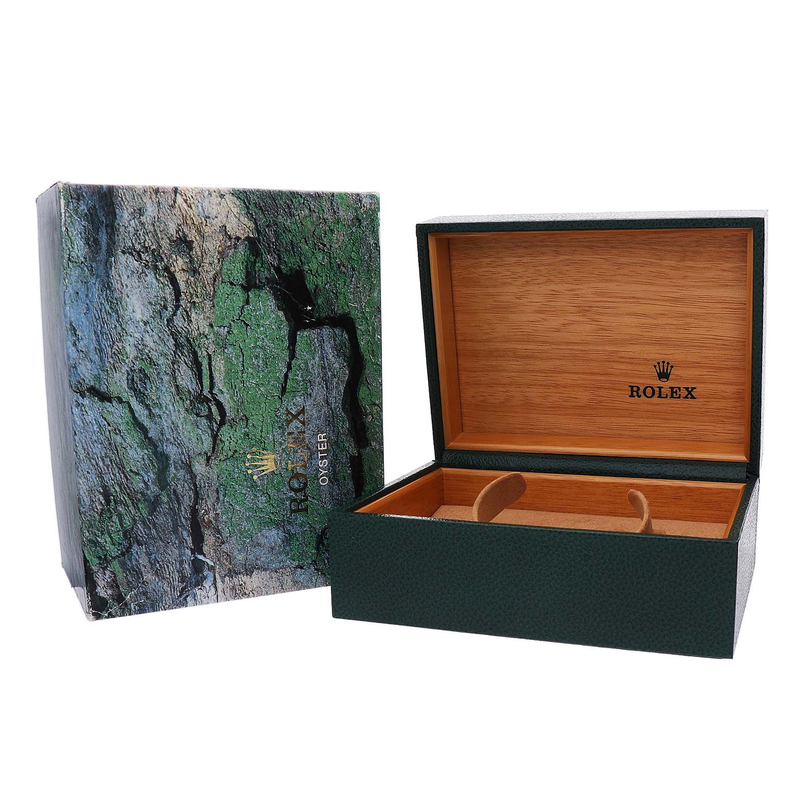 The image shows a Rolex GMT-Master 16710 Men's Stainless Steel Black Dial box and its open wooden interior from a frontal angle.