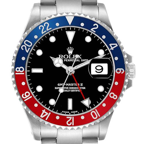 The Rolex GMT-Master 16710 Men's Stainless Steel Black Dial II watch is shown from the front, displaying the bezel, dial, hands, and date window.