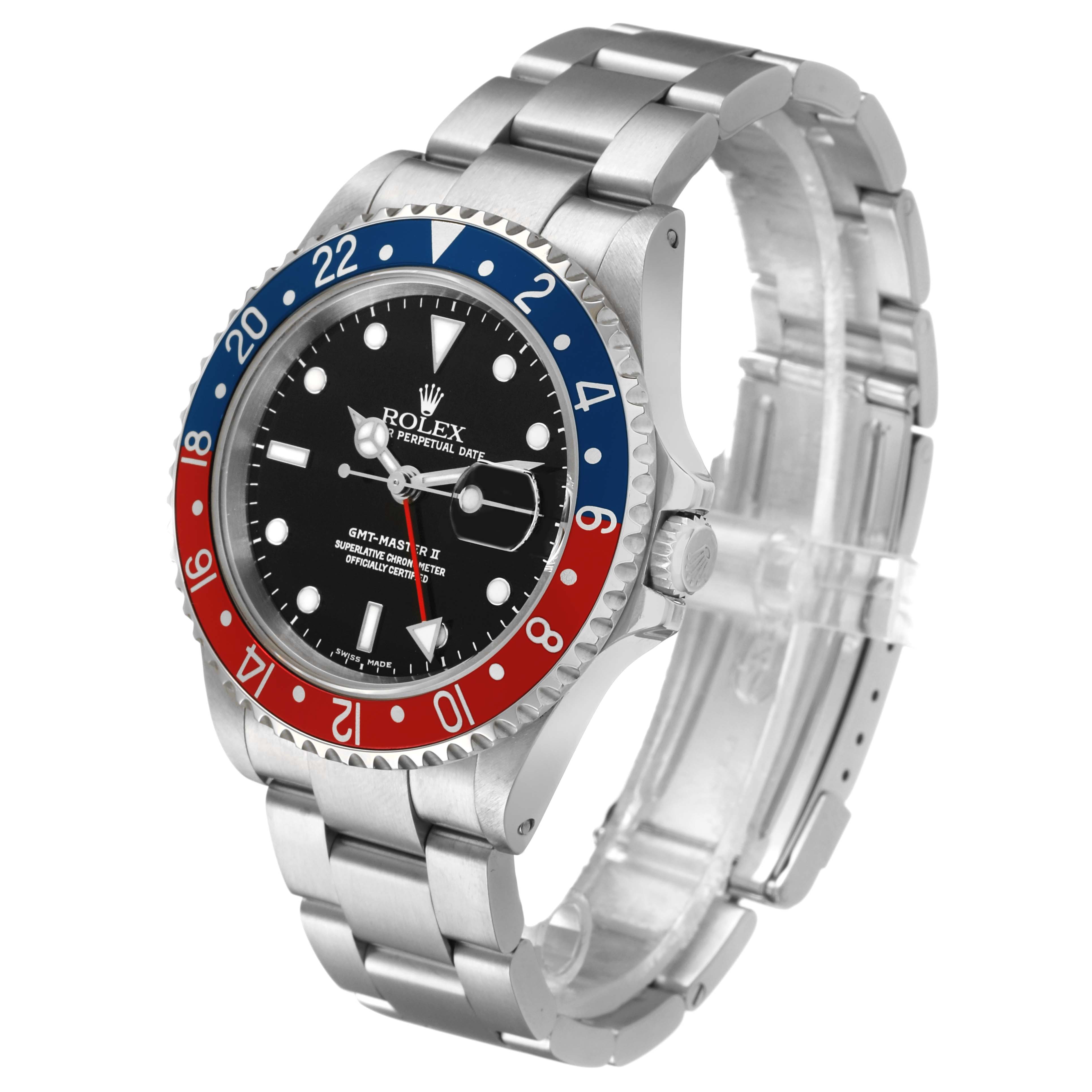 The Rolex GMT-Master 16710 Men's Stainless Steel Black Dial watch is shown at a three-quarter angle, highlighting the bezel, dial, and bracelet.