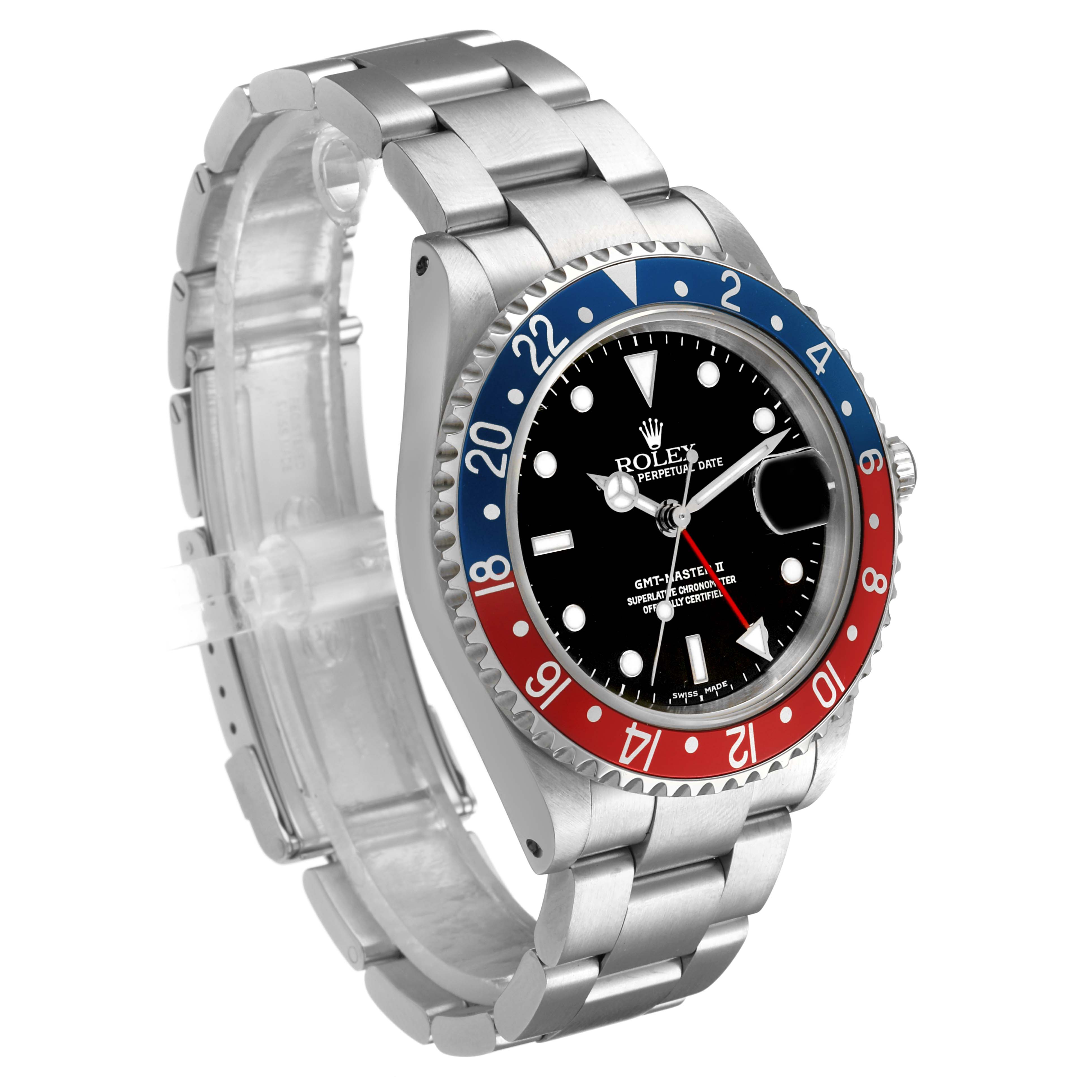 The Rolex GMT-Master 16710 Men's Stainless Steel Black Dial watch is shown at a three-quarter angle, highlighting its bezel, face, and stainless steel bracelet.