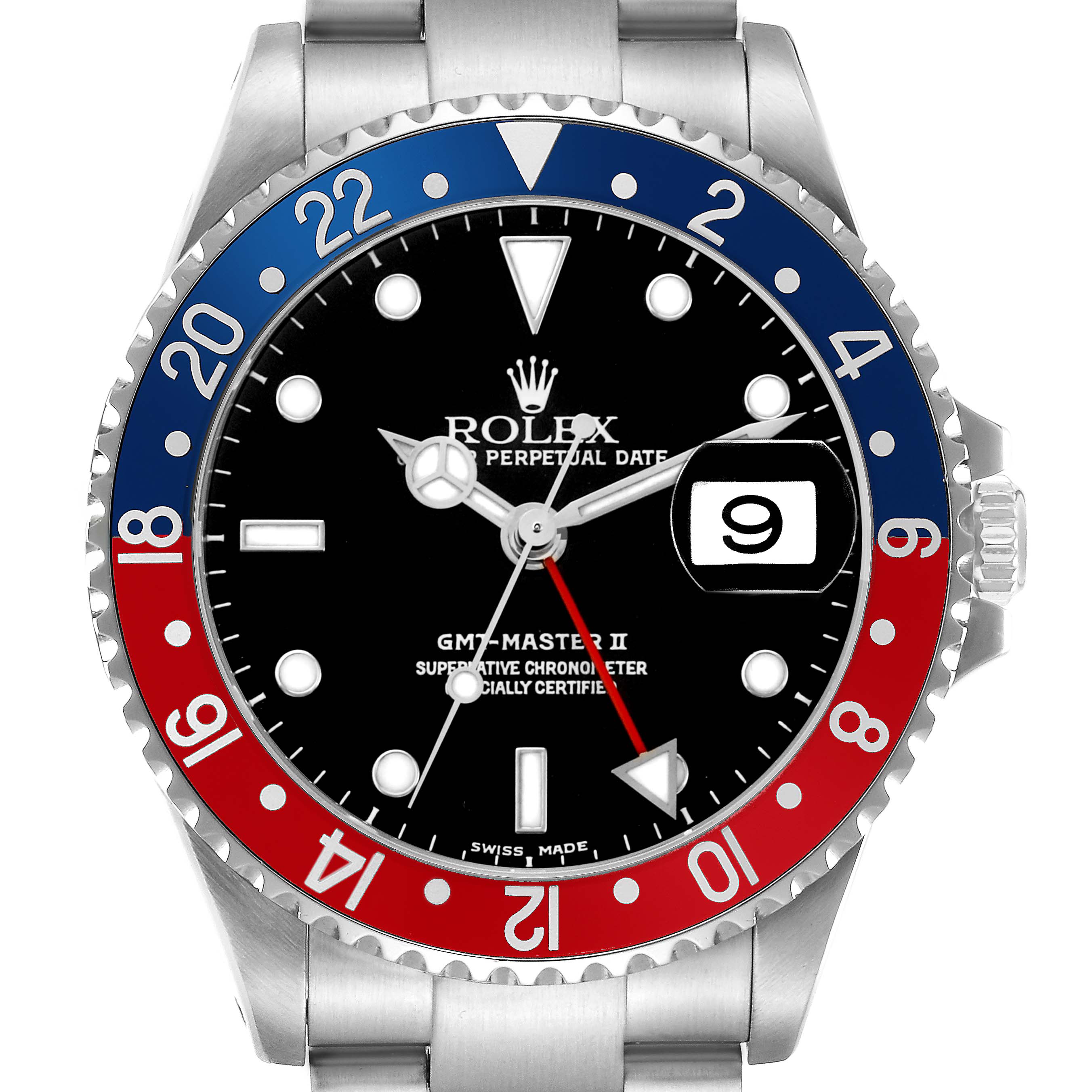 The Rolex GMT-Master 16710 Men's Stainless Steel Black Dial watch is shown from the front, featuring a Pepsi bezel, black dial, and date magnifier.