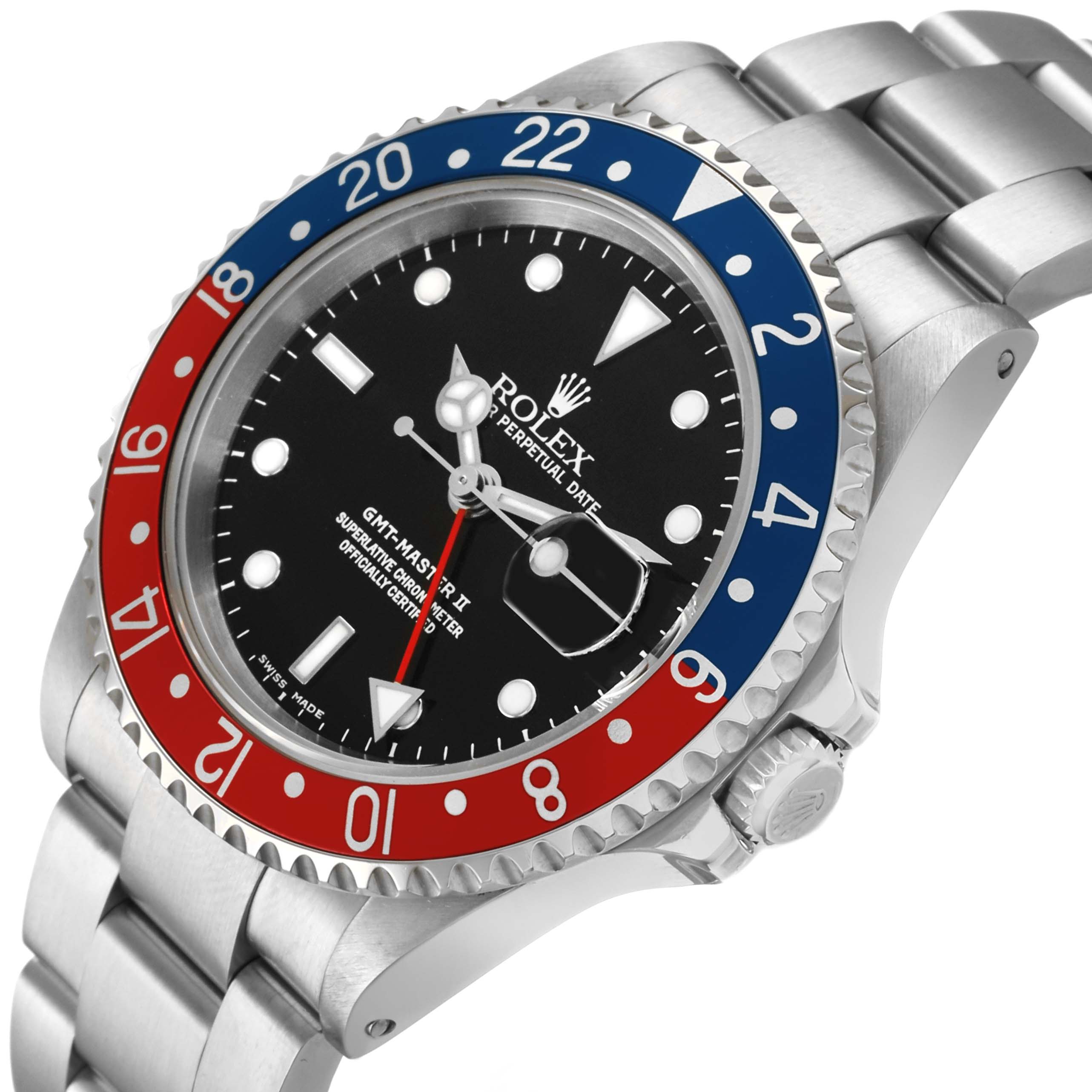 The Rolex GMT-Master 16710 Men's Stainless Steel Black Dial watch is shown at an angled side view, highlighting the bezel, dial, and bracelet.