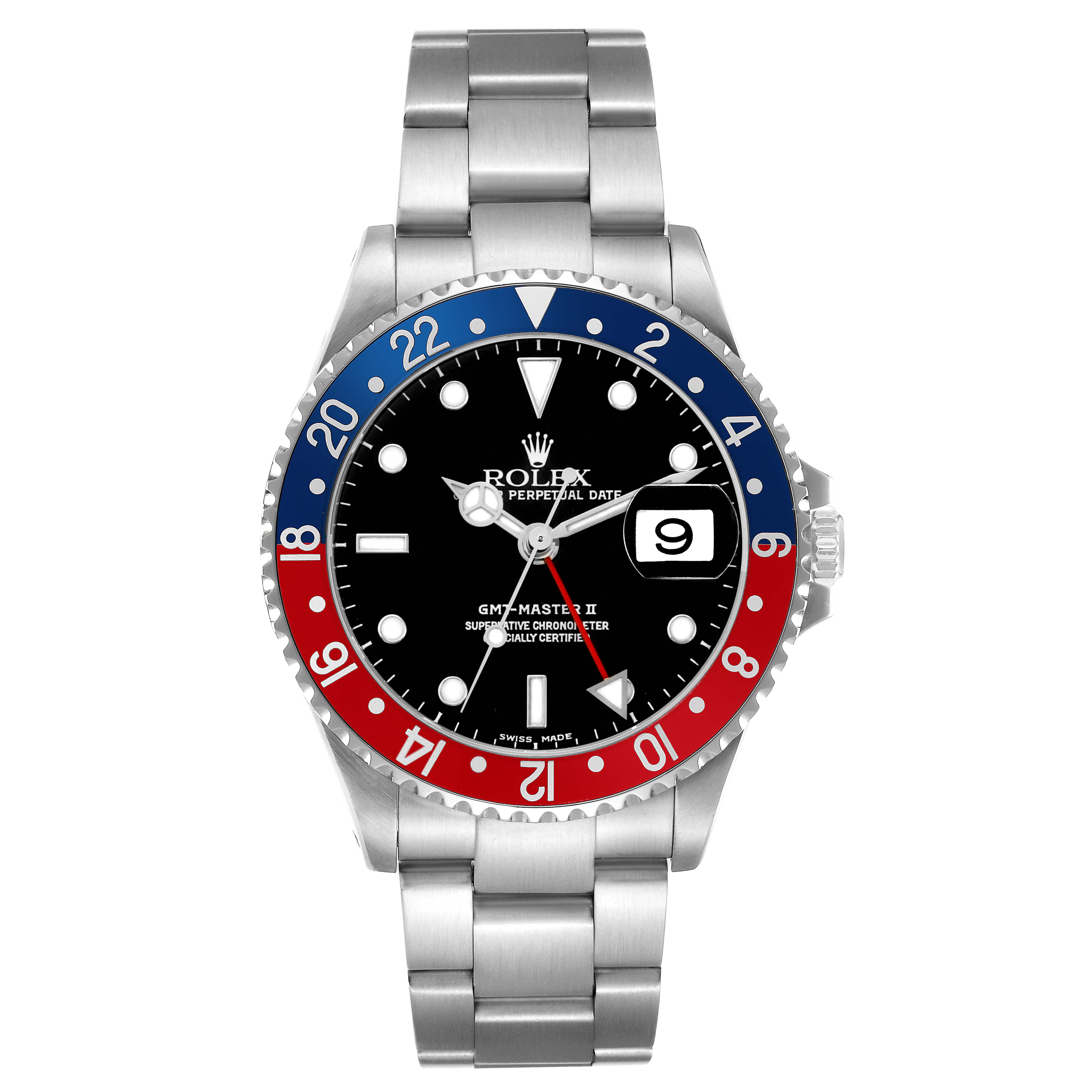 The Rolex GMT-Master 16710 Men's Stainless Steel Black Dial watch is shown from a direct front angle, highlighting the bezel, dial, hands, bracelet, and date feature.