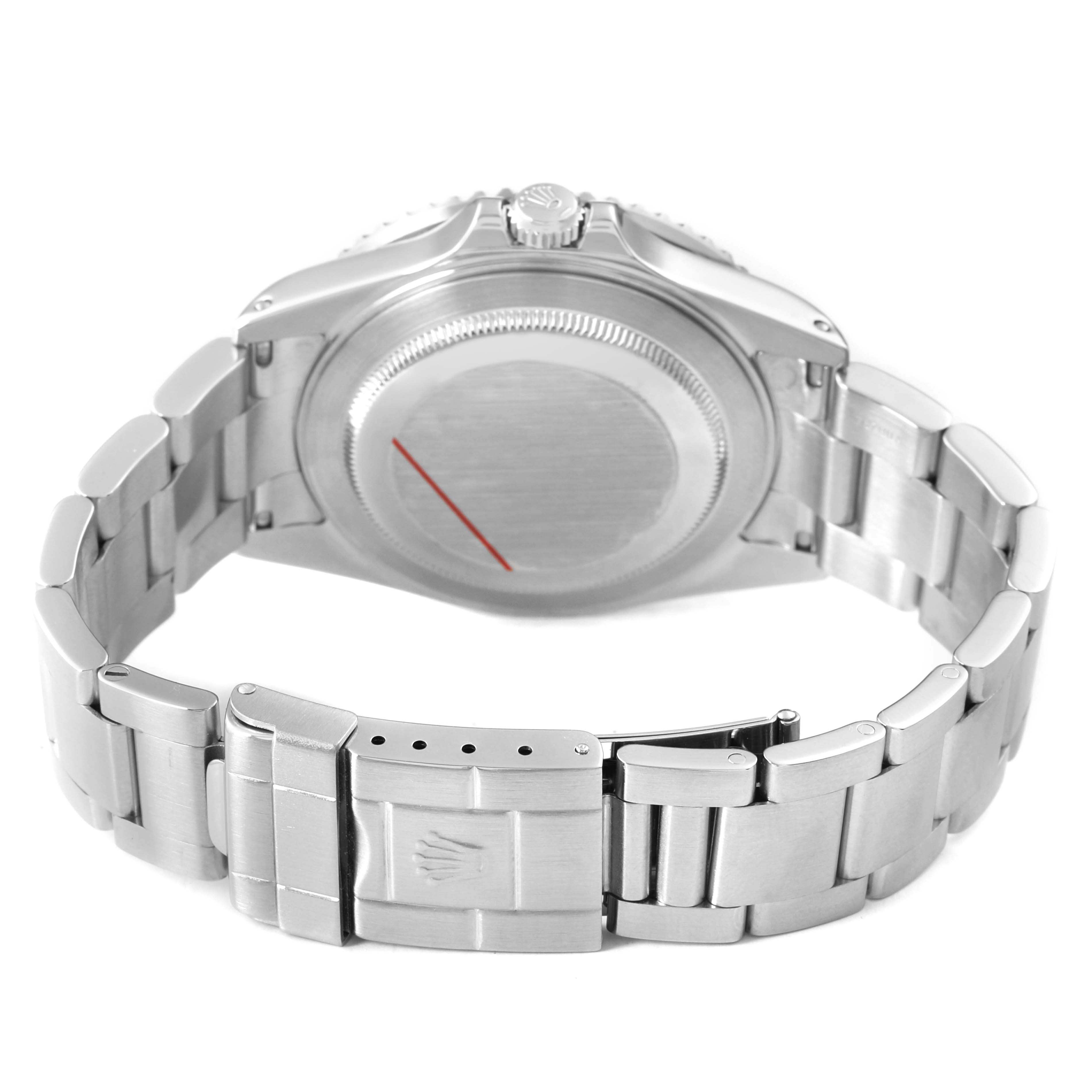 The image shows the back view of the Rolex GMT-Master 16710 Men's Stainless Steel Black Dial, focusing on the case back, crown, and bracelet clasp.