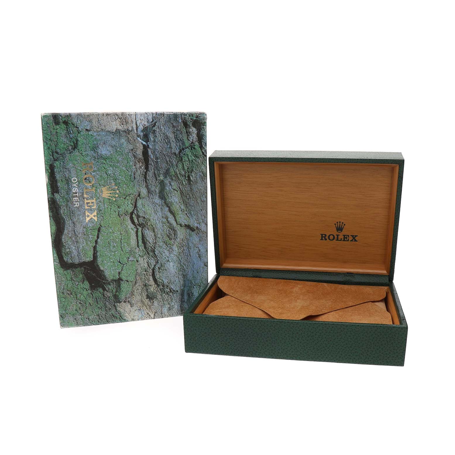 The image shows a Rolex GMT-Master 16710 Men's Stainless Steel Black Dial watch box and outer packaging, viewed from the front with the box open.