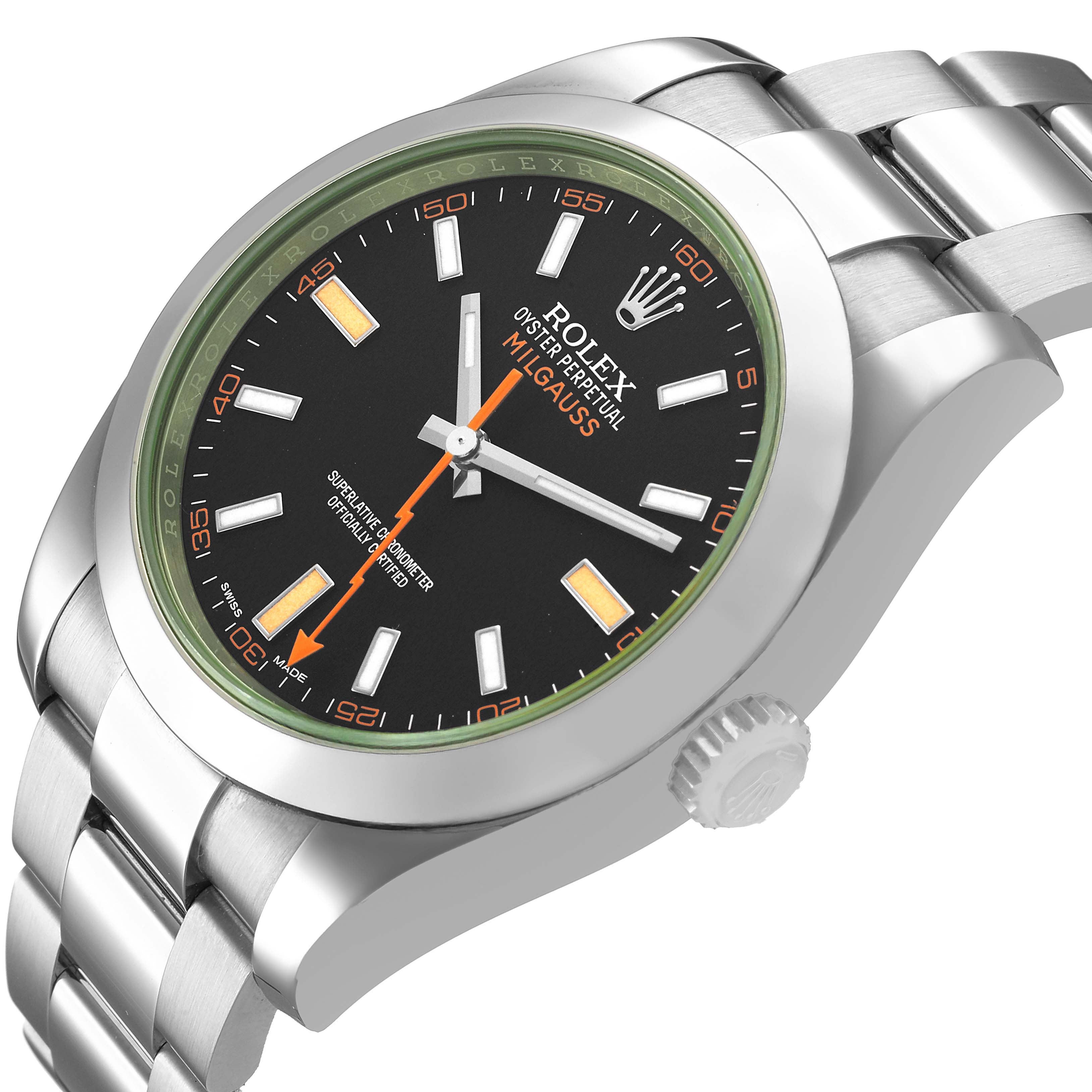 The Rolex Milgauss 116400GV Men's Stainless Steel Black Dial watch is shown at an angled view, highlighting its dial, bracelet, crown, and distinctive orange lightning bolt second hand.