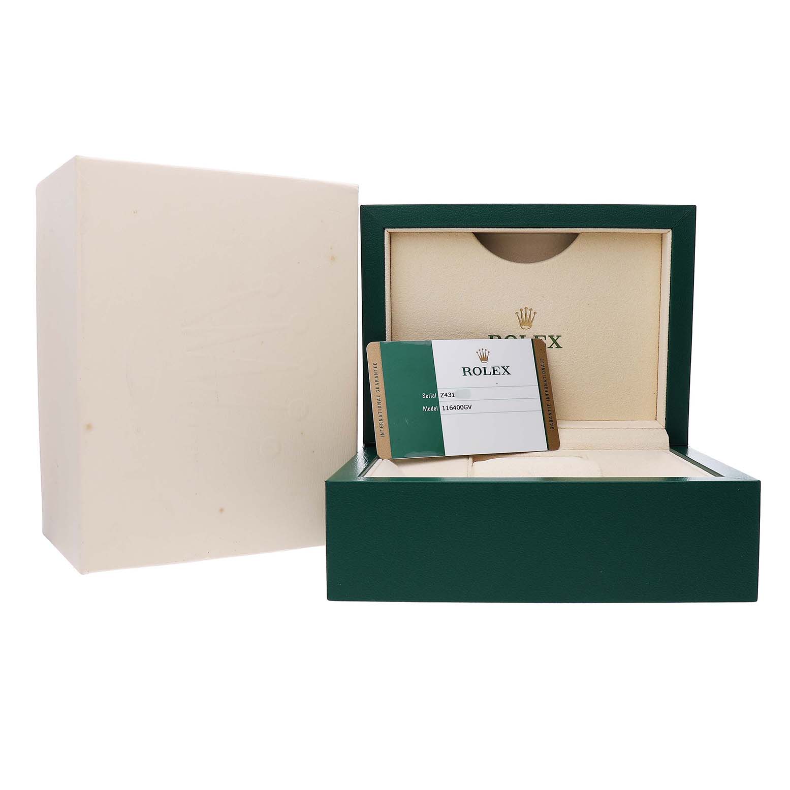 The image shows the open packaging of a Rolex Milgauss 116400GV Men's Stainless Steel Black Dial with a green box and warranty card.