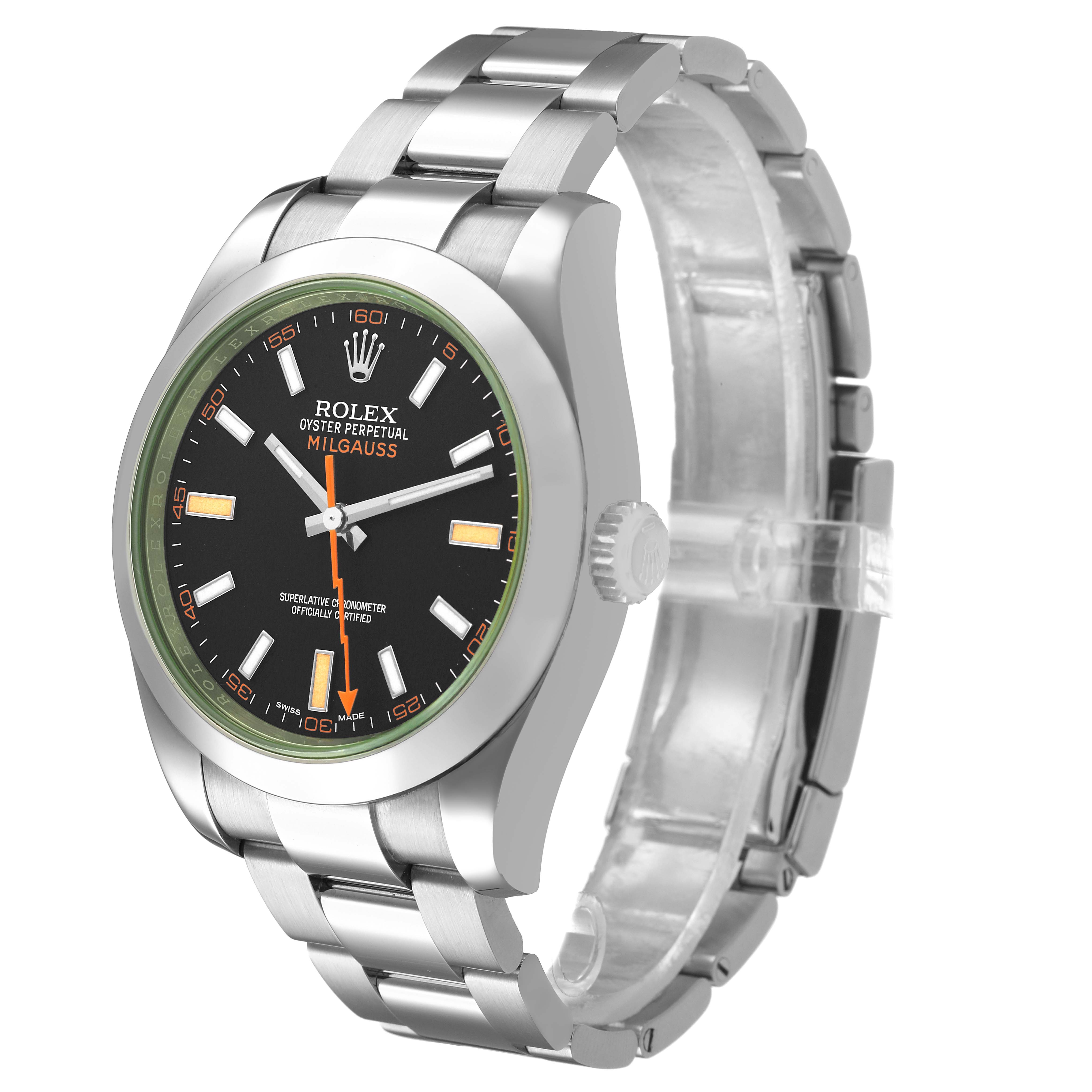 The Rolex Milgauss 116400GV Men's Stainless Steel Black Dial watch is shown at a three-quarter angle, highlighting the face, bezel, crown, and stainless steel bracelet.