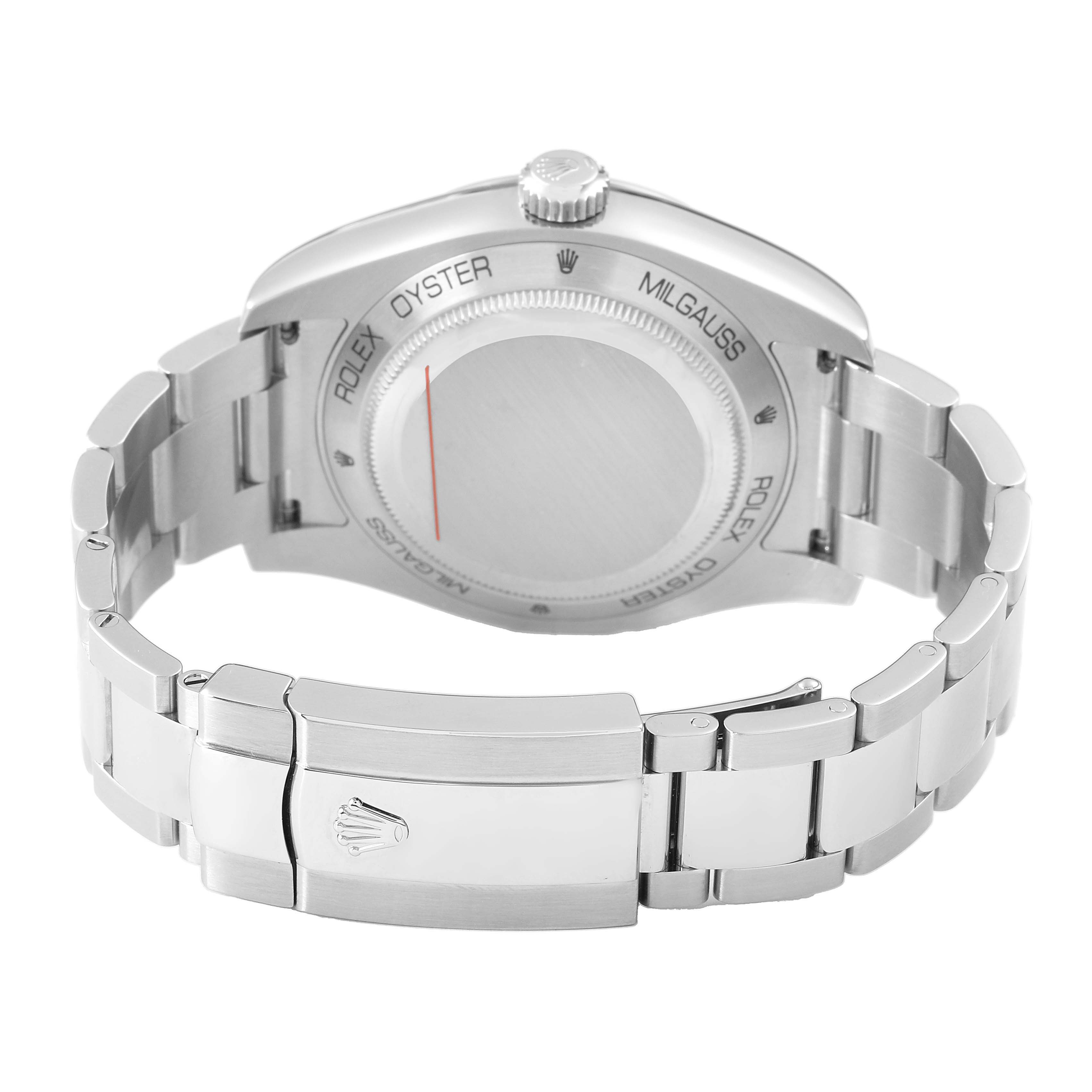 The image shows the Rolex Milgauss 116400GV Men's Stainless Steel Black Dial watch from the back, highlighting the case back, clasp, and bracelet.